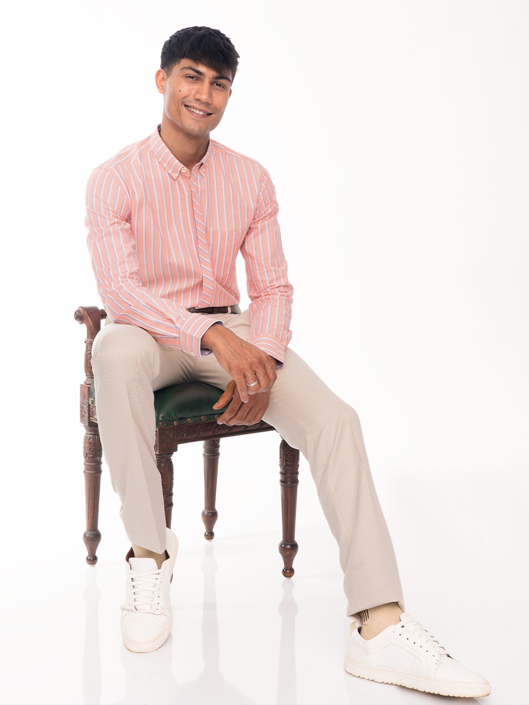 Wellbi Men Pure Cotton Striped Classic Shirt, Pink