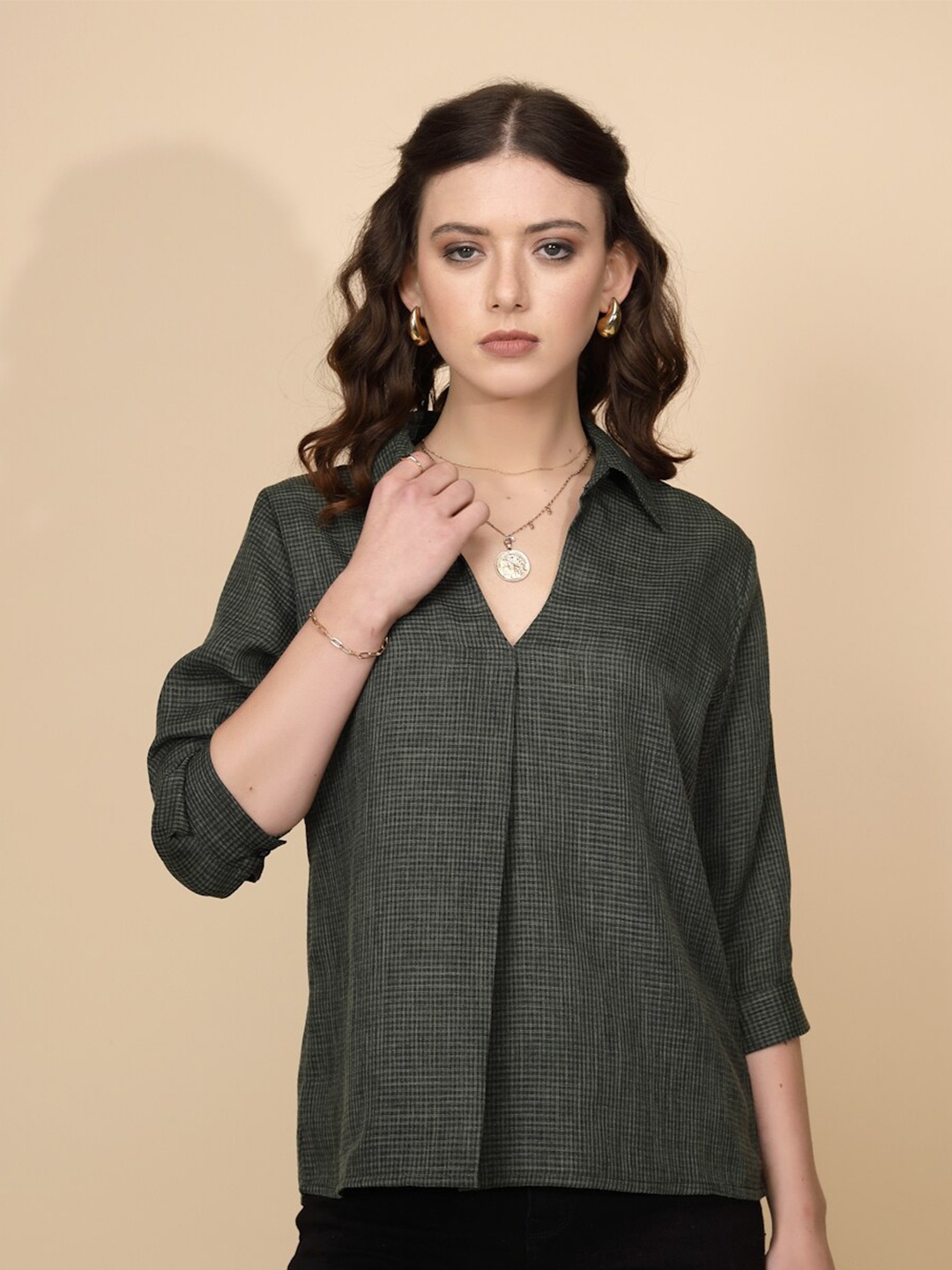 

Global Republic Checked Shirt Collar Roll-Up Sleeves Linen Top, Green
