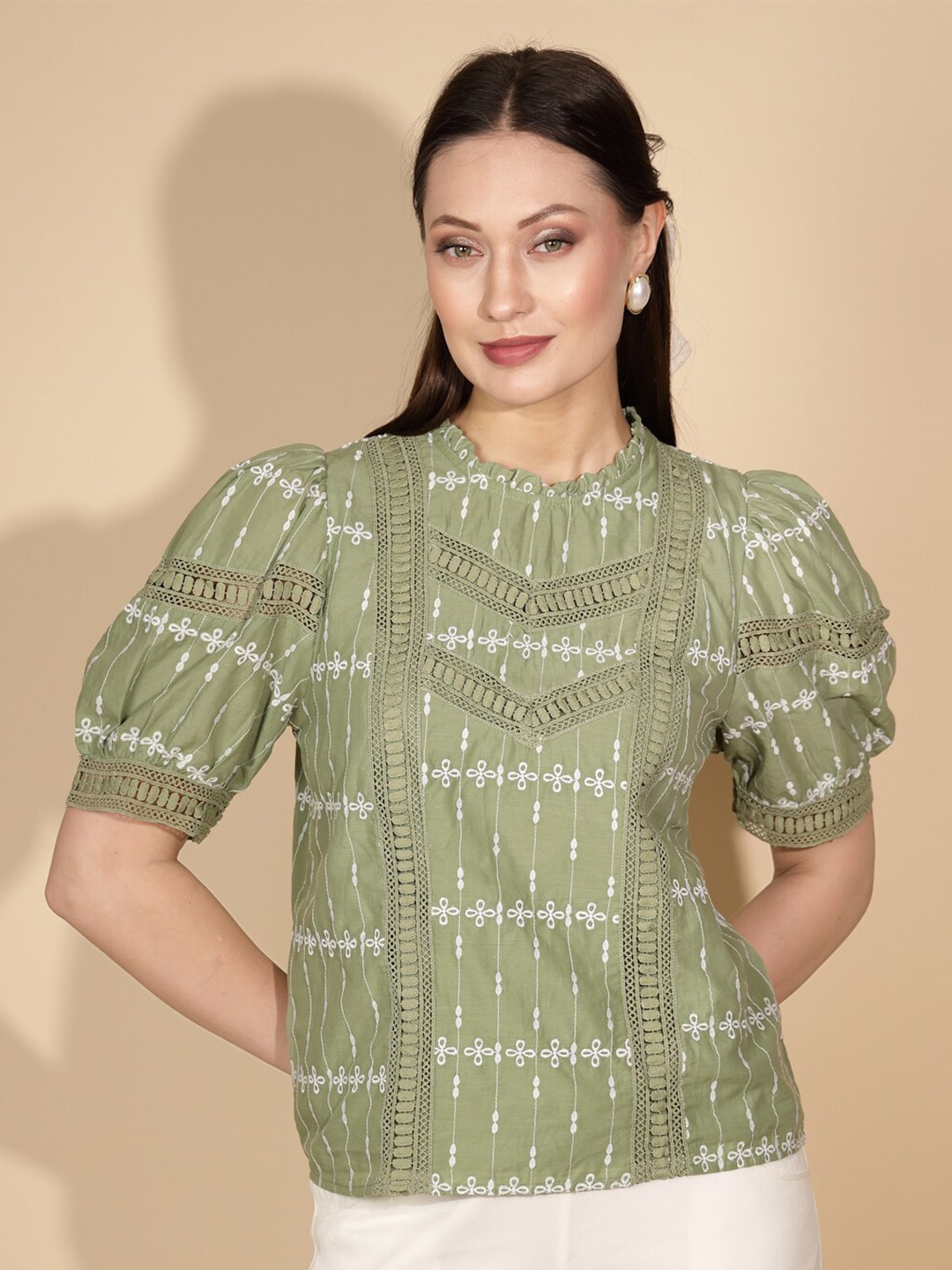 

Global Republic Abstract Printed Puff Sleeves Cotton Top, Green