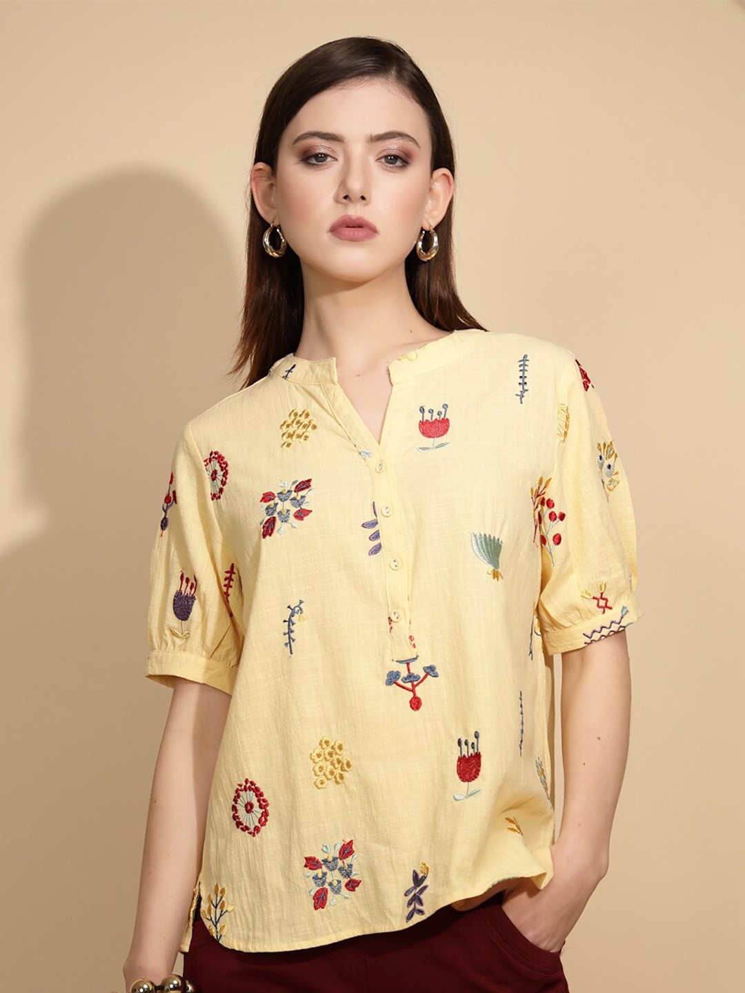 

Global Republic Floral Printed Mandarin Collar Cotton Top, Yellow