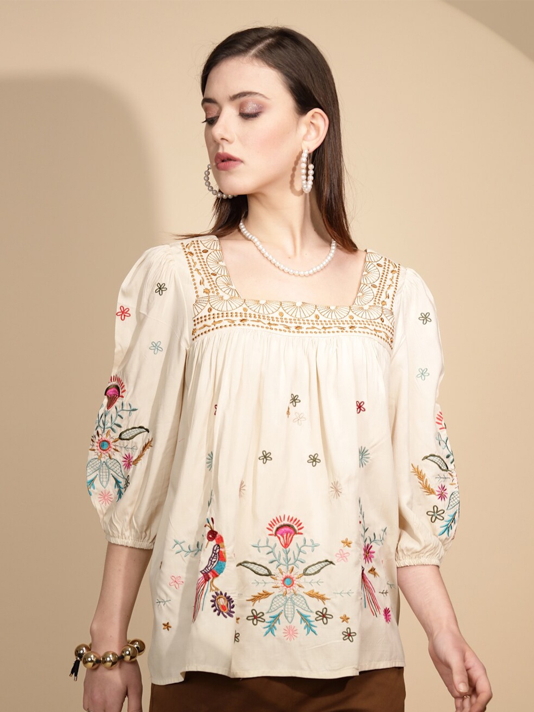 

Global Republic Floral Printed Puff Sleeves Square Neck Cotton Top, Beige