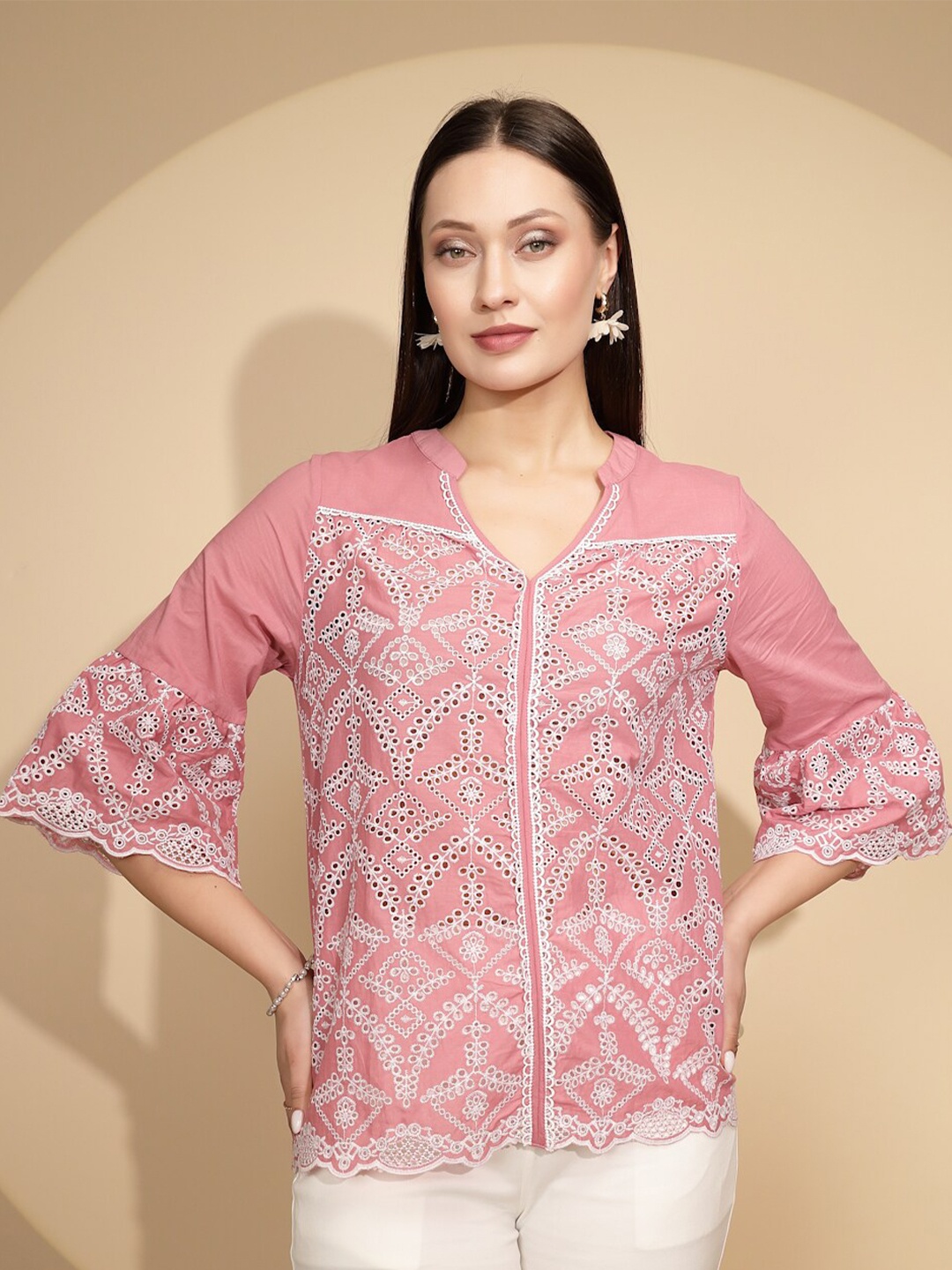 

Global Republic Self Design Mandarin Collar Cotton Top, Pink