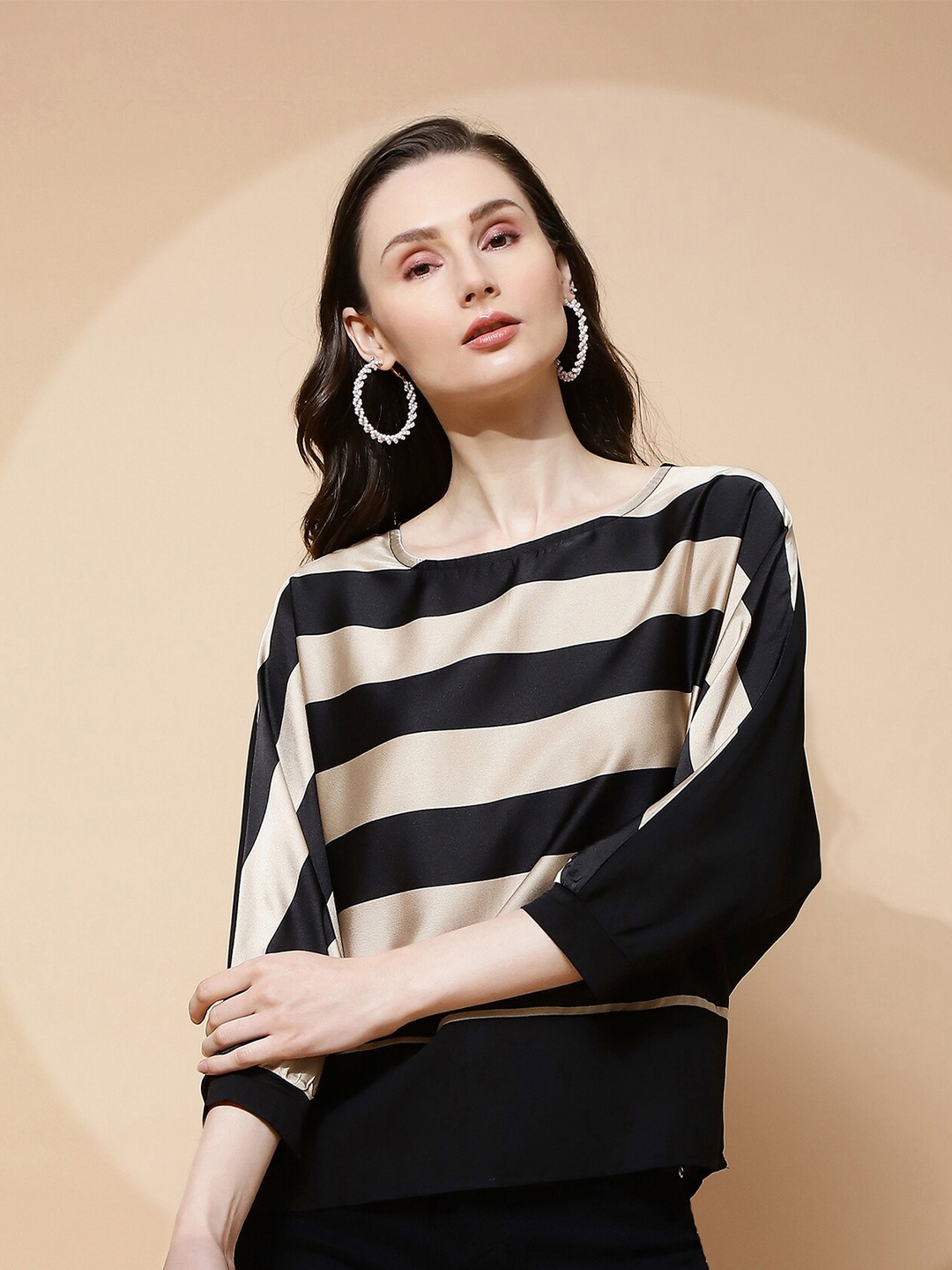 

Global Republic Horizontal Stripes Round Neck Top, Black