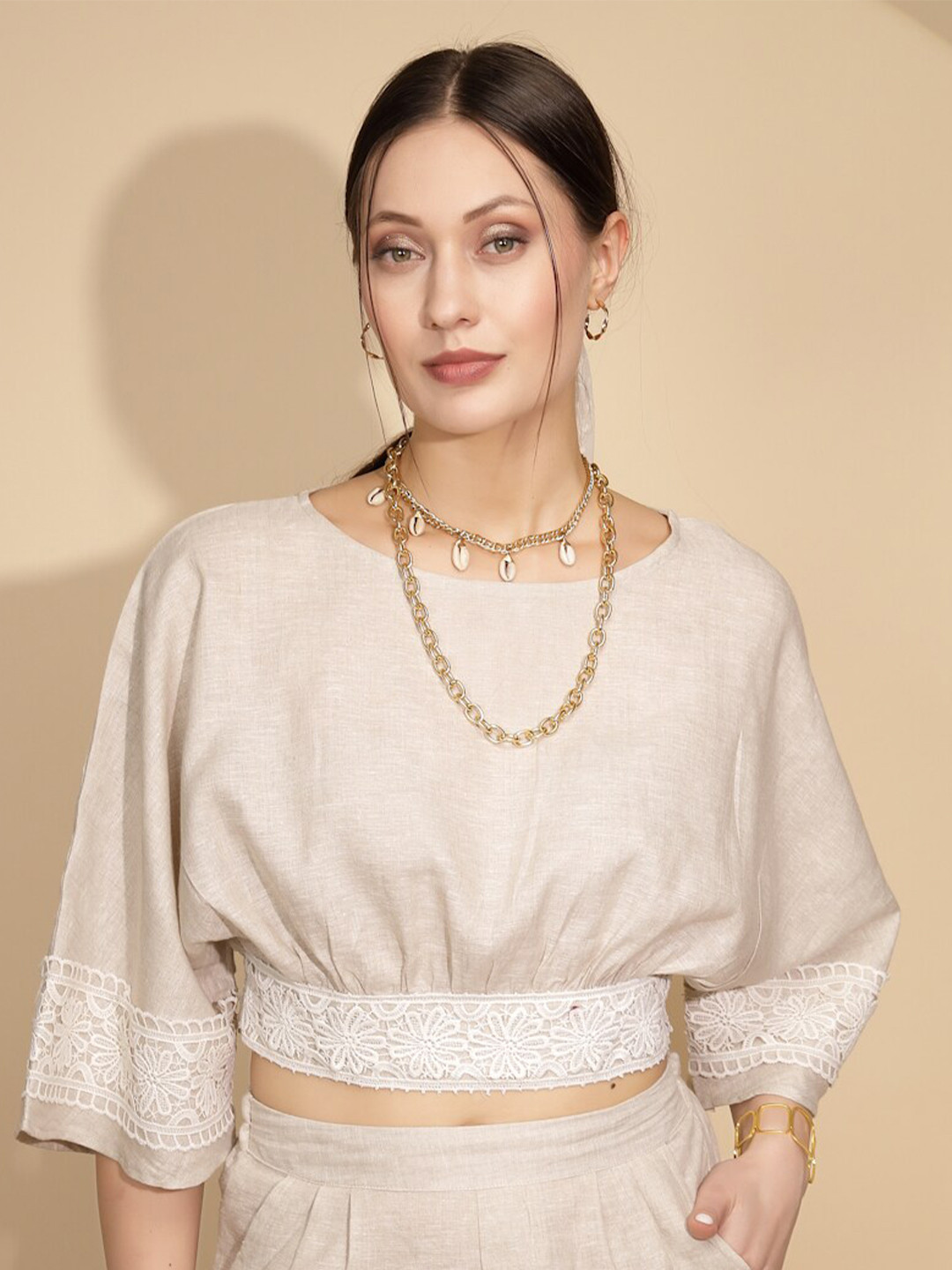 

Global Republic Extended Sleeves Linen Blouson Top, Beige