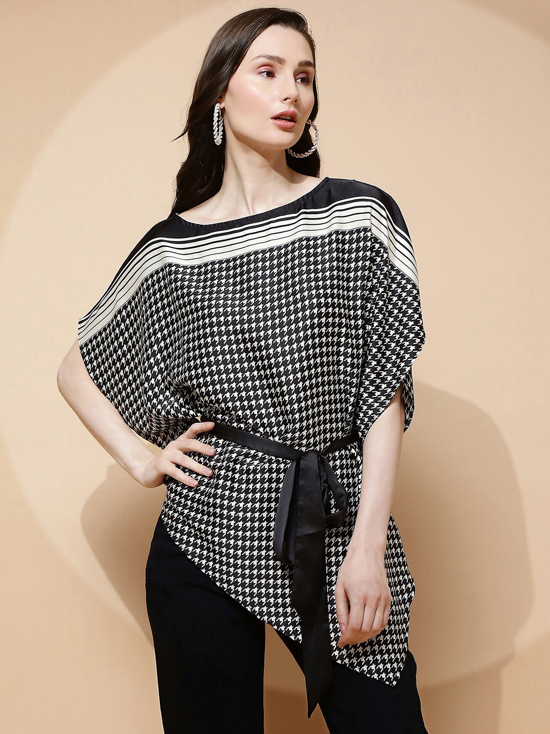 

Global Republic Checked Extended Sleeves Longline Kaftan Top, Black