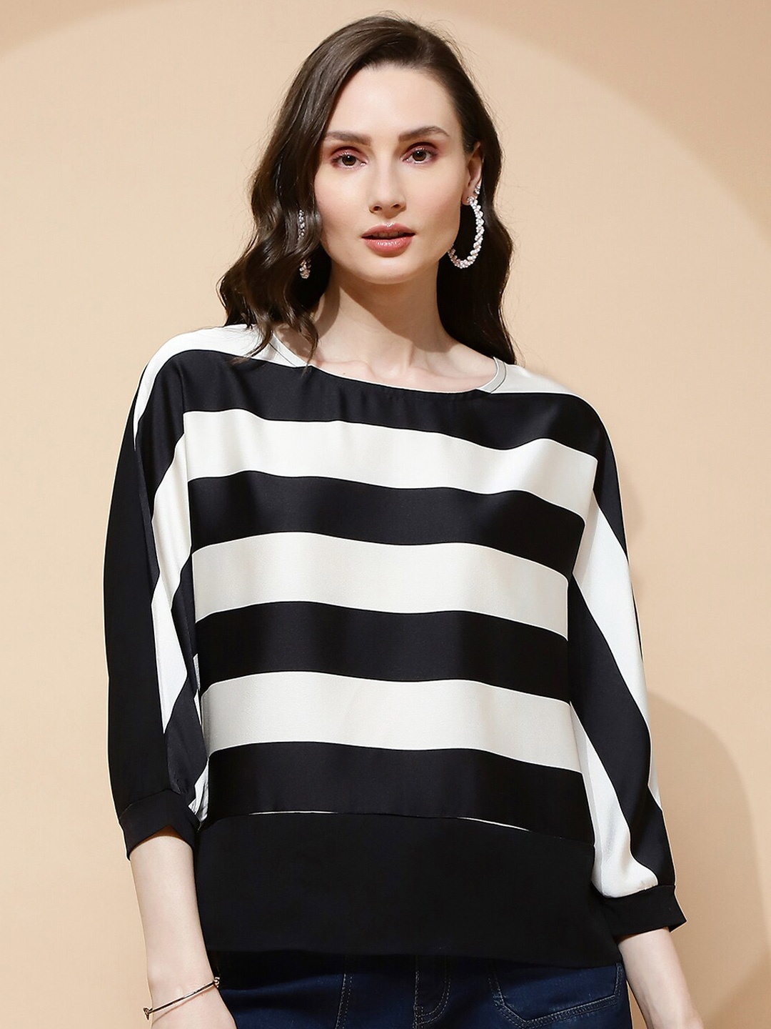

Global Republic Striped Batwing Sleeve Boxy Top, Black