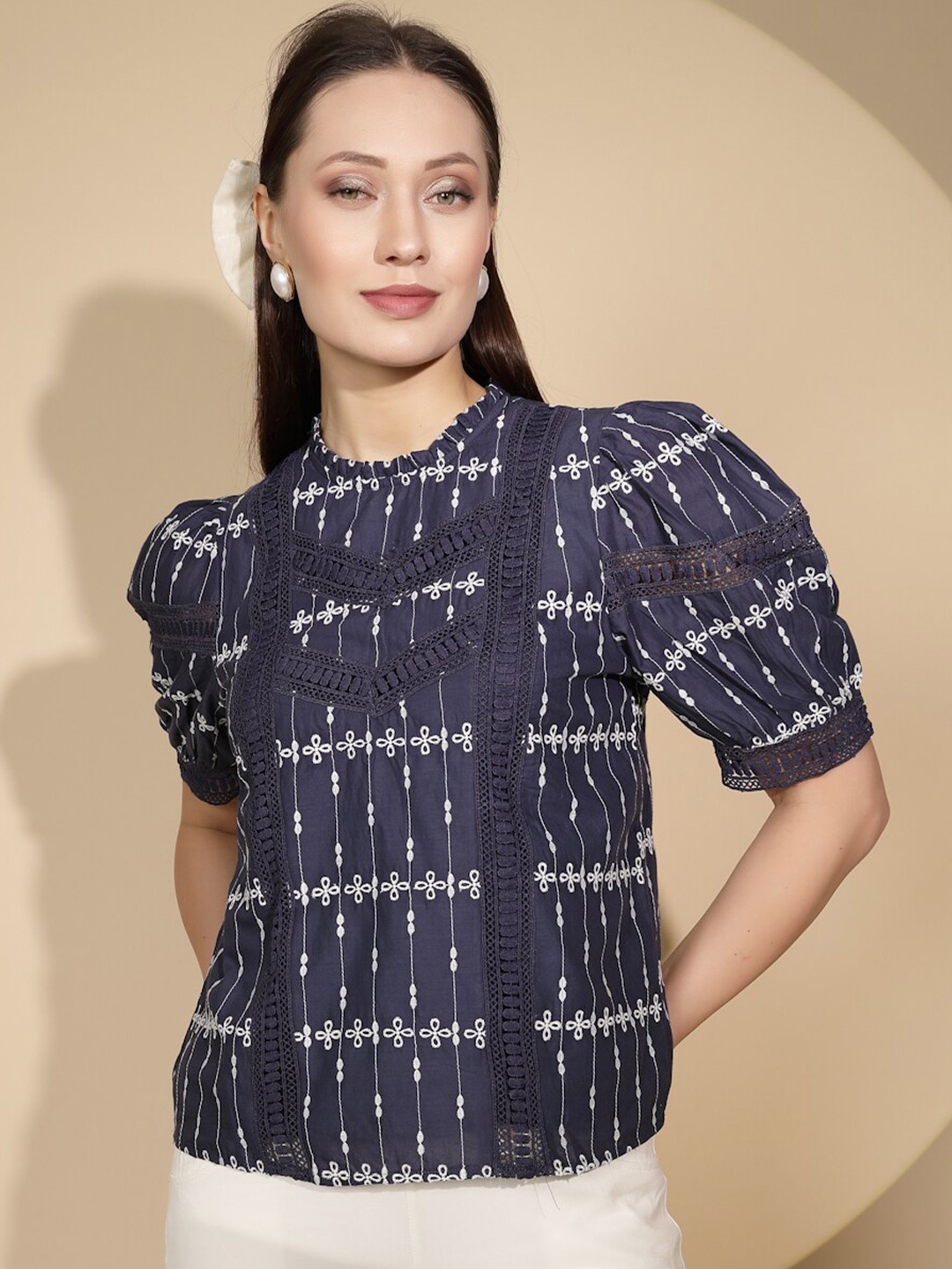 

Global Republic Abstract Printed Puff Sleeves Cotton Top, Navy blue