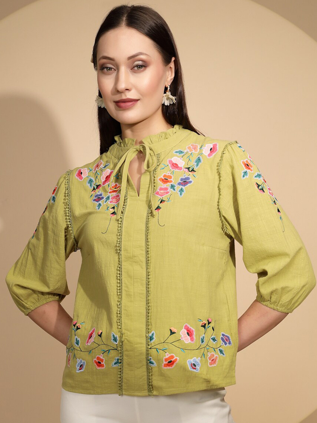 

Global Republic Floral Embroidered Tie-Up Neck Cotton Top, Green