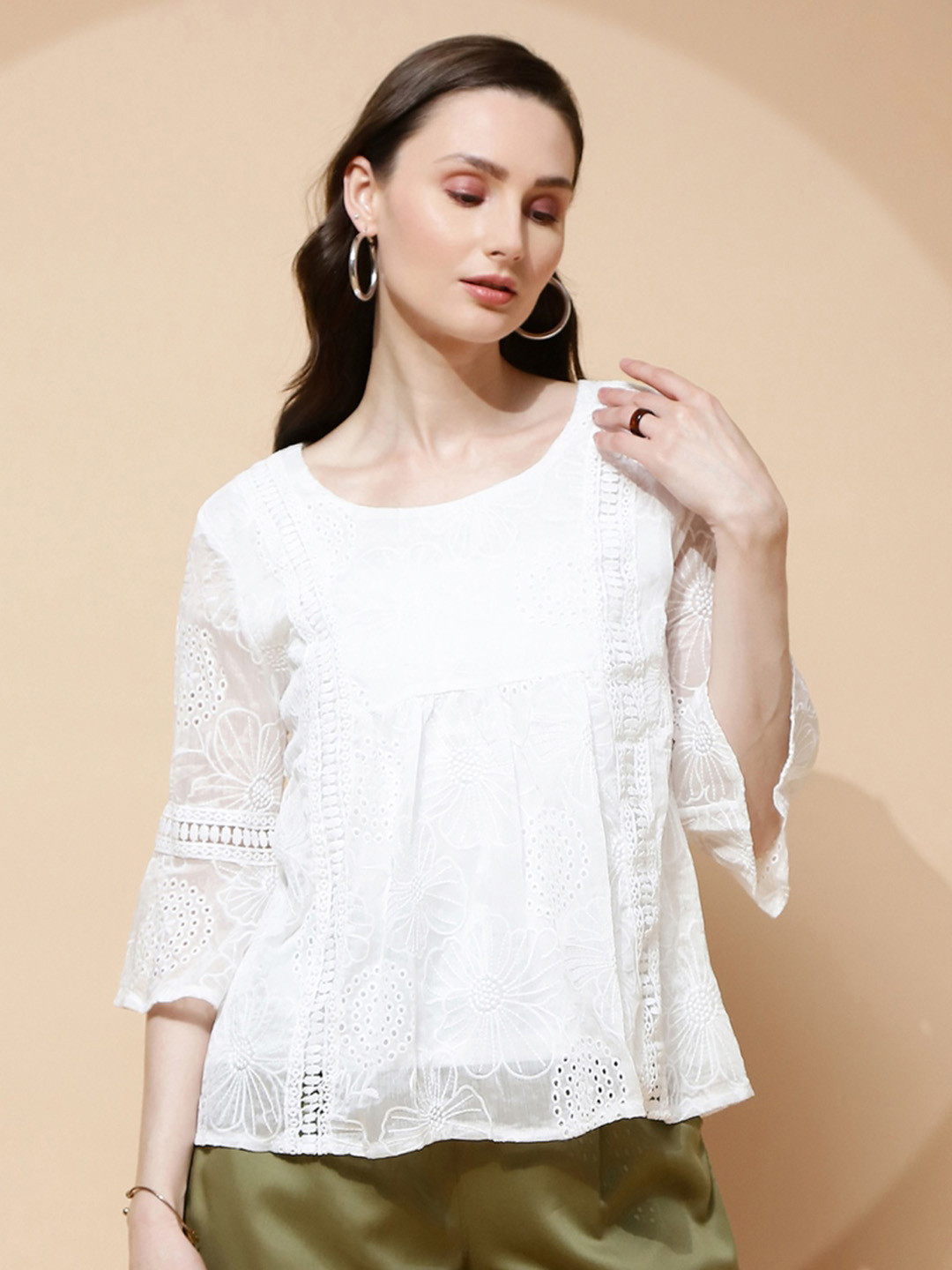 

Global Republic Self Design Bell Sleeve Top, White