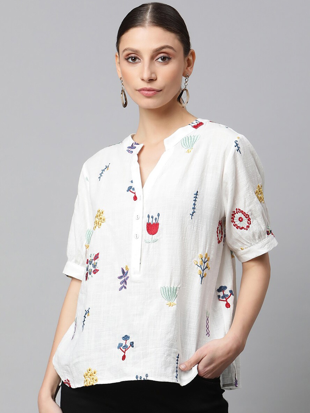 

Global Republic Floral Printed Mandarin Collar Cotton Top, White