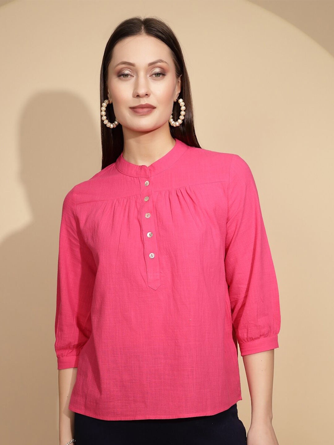 

Global Republic Mandarin Collar Cuffed Sleeves Cotton Shirt Style Top, Pink