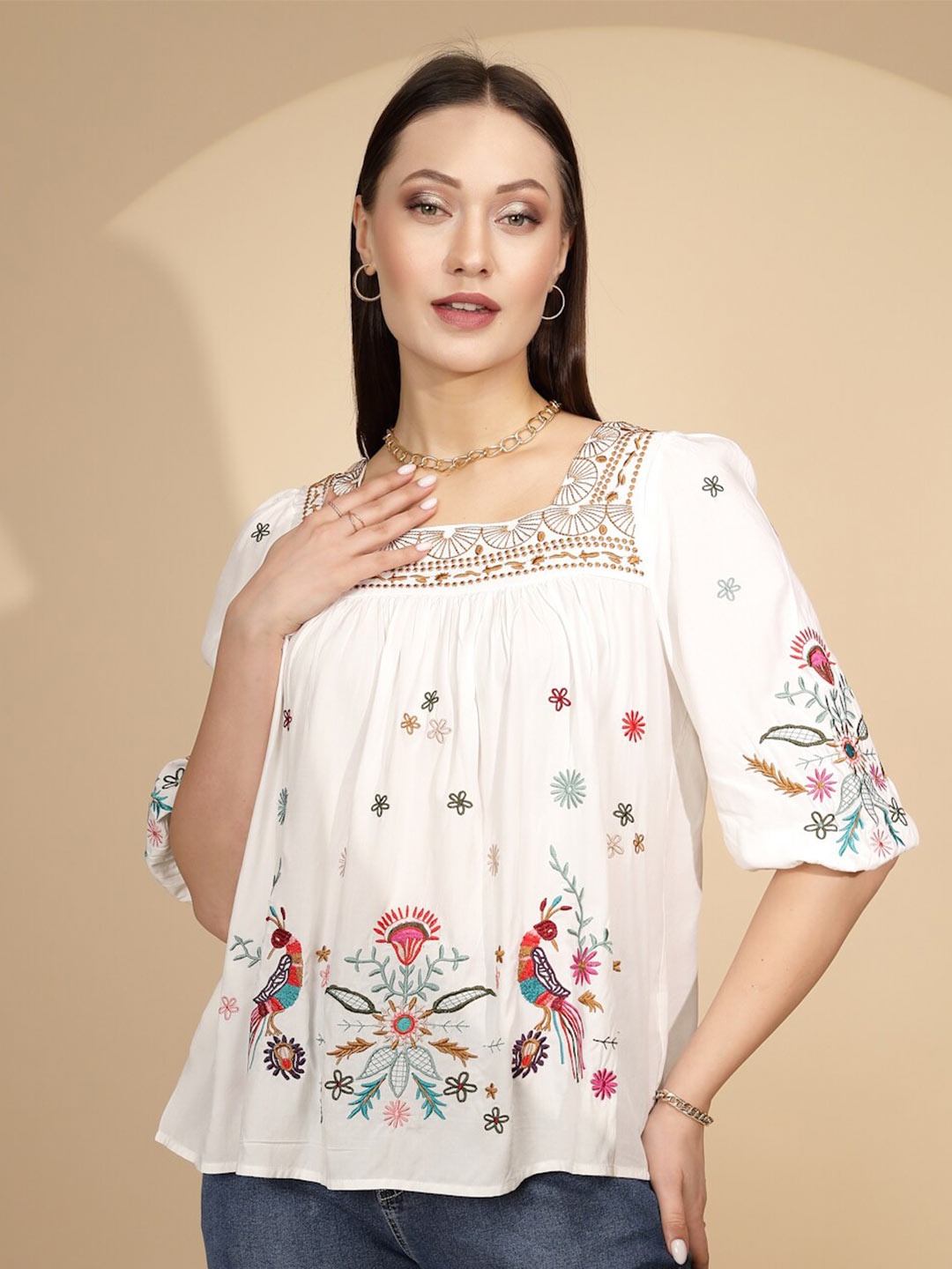 

Global Republic Square Neck Puff Sleeves Floral Print Cotton A-Line Top, White