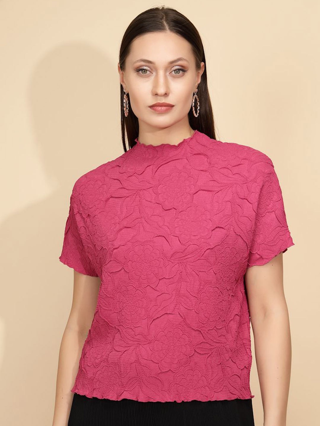 

Global Republic Floral Self Design High Neck Top, Pink