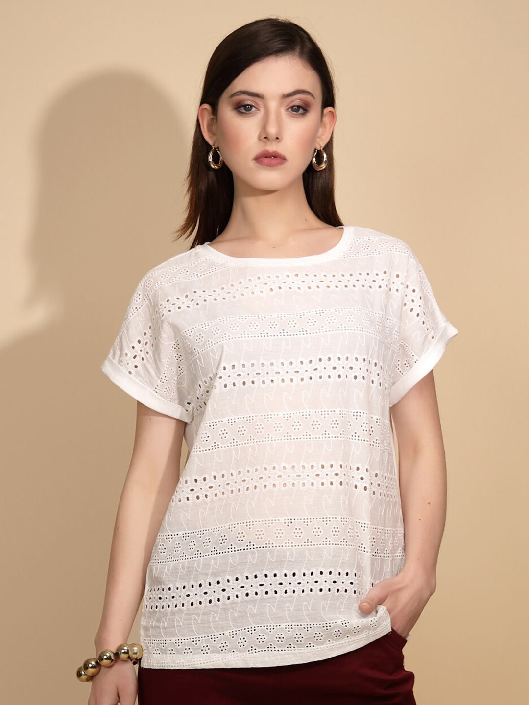 

Global Republic Ethnic Motifs Embroidered Extended Sleeves Cotton Schiffli Top, White