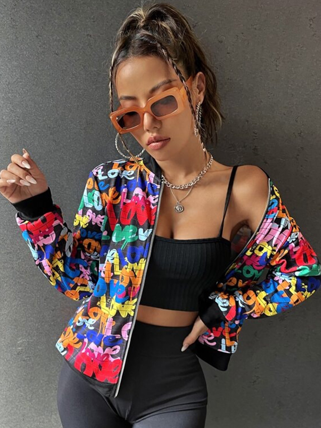 

TANDUL Typography Printed Mock Collar Lightweight Bomber Jacket, Black