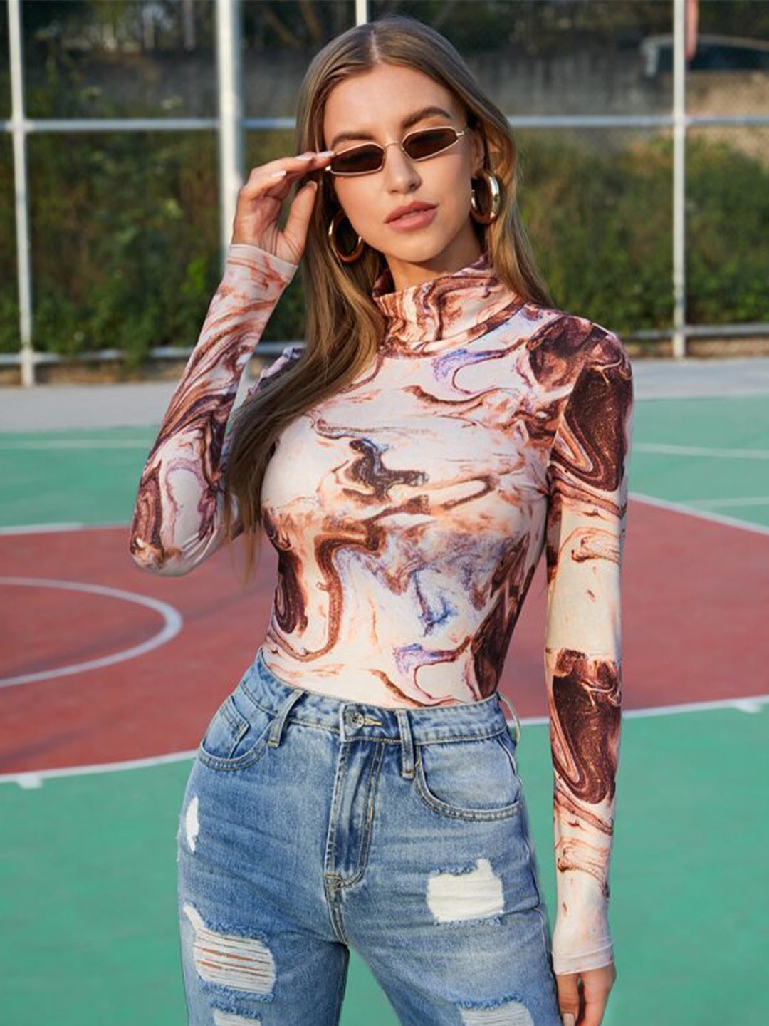 

TANDUL Floral Print Long Sleeves High Neck Top, Brown