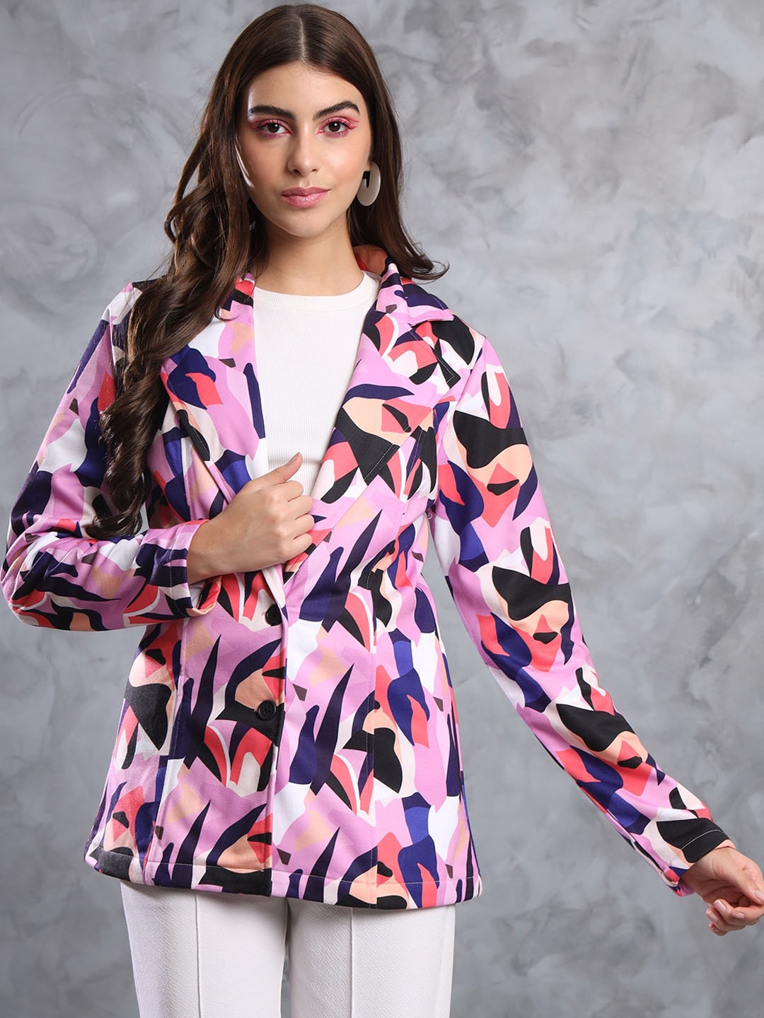 

TANDUL Printed Notched Lapel Slim Fit Single Breasted Blazers, Pink