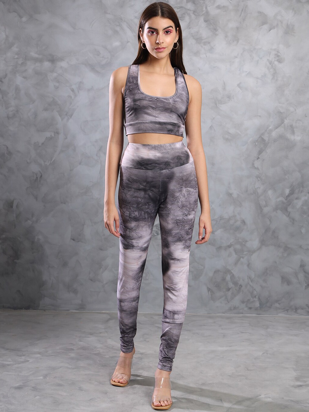 

TANDUL Tie & Dye Printed Fitted Crop Top & Tights, Black