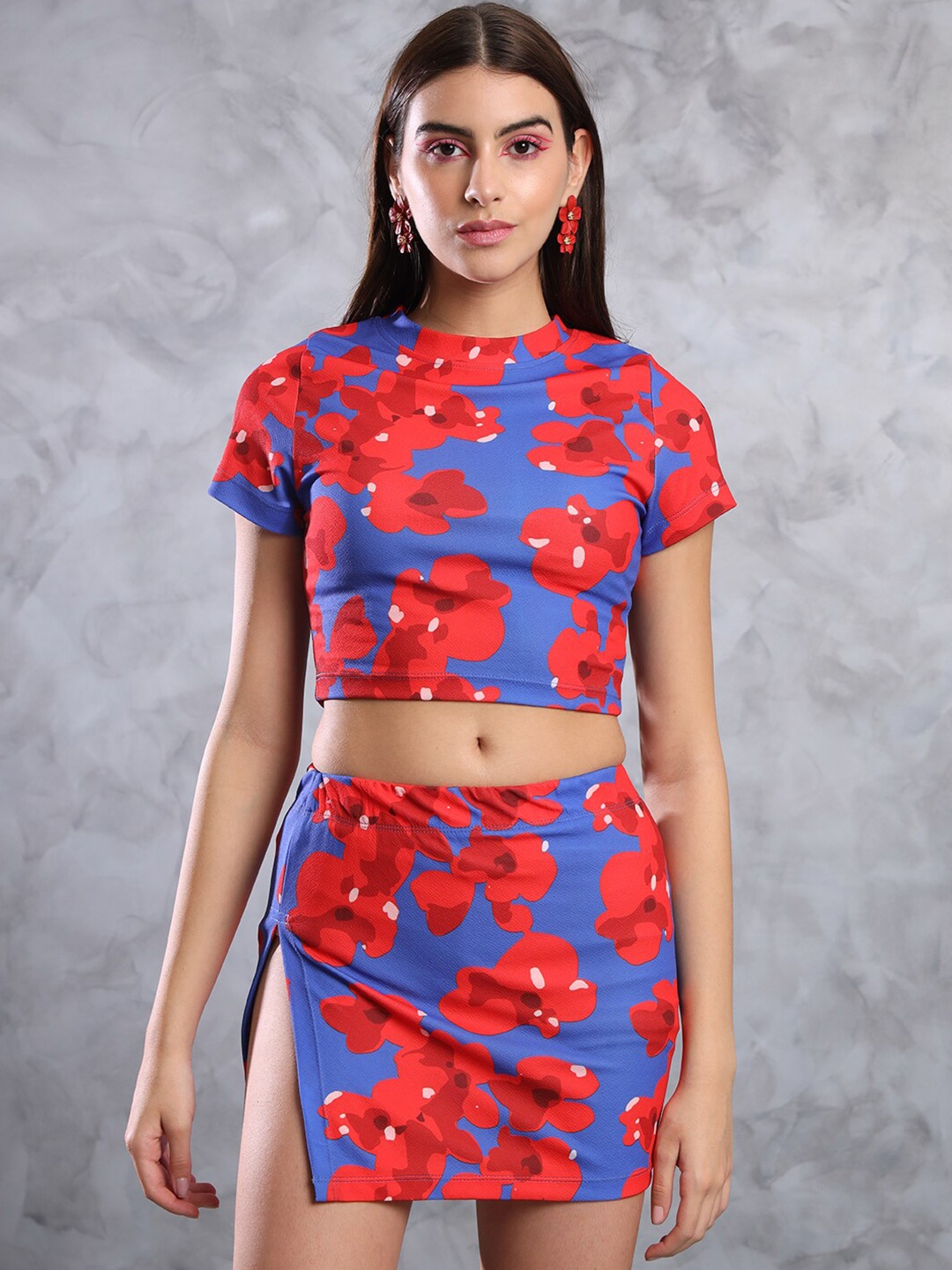 

TANDUL Round Neck Print Sheath Top With Skirt, Blue