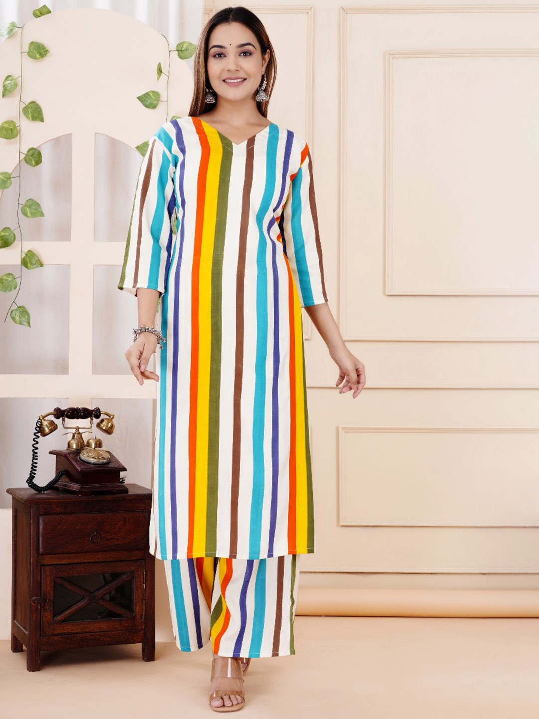 

Chaukas Striped V-Neck Regular Kurta with Palazzos, White