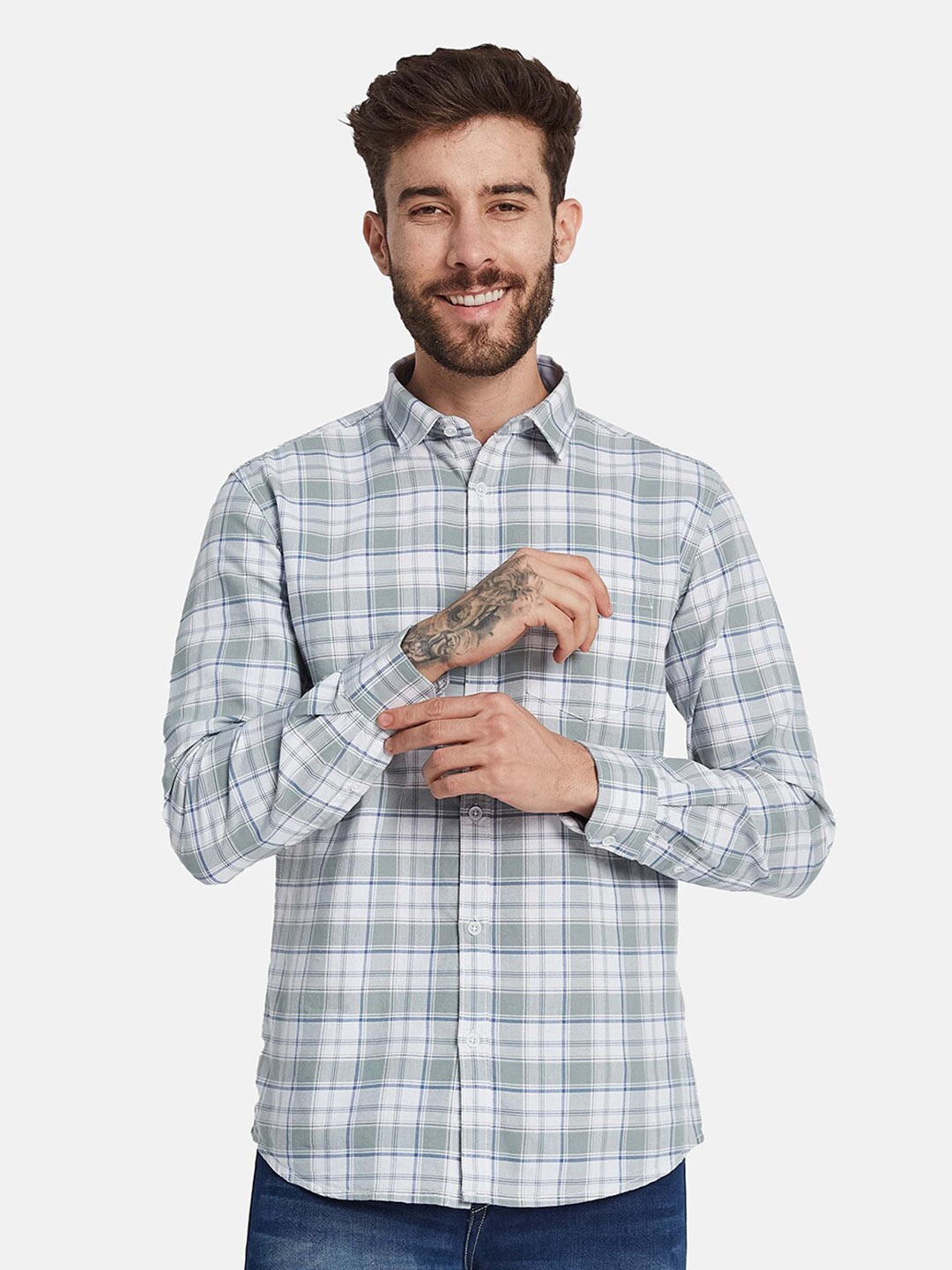 

METTLE Tartan Checks Cotton Checked Casual Shirt, Olive