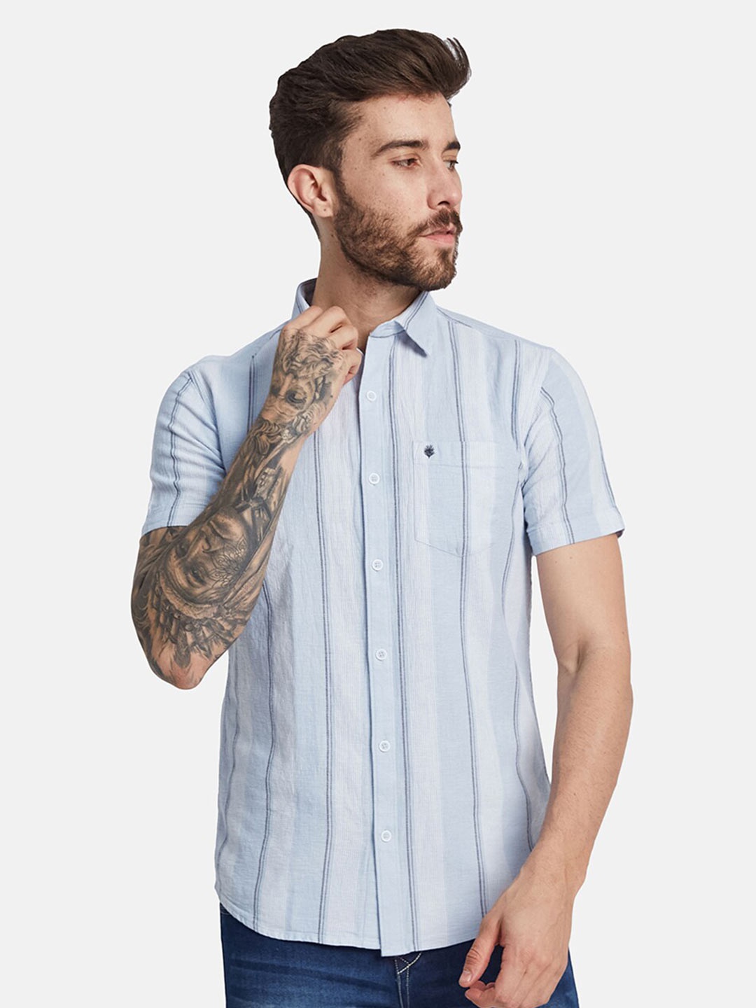 

METTLE Striped Cotton Casual Shirt, Blue