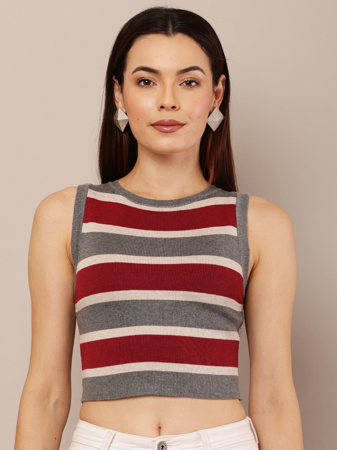 

NoBarr Striped Round Neck Crop Top, Maroon