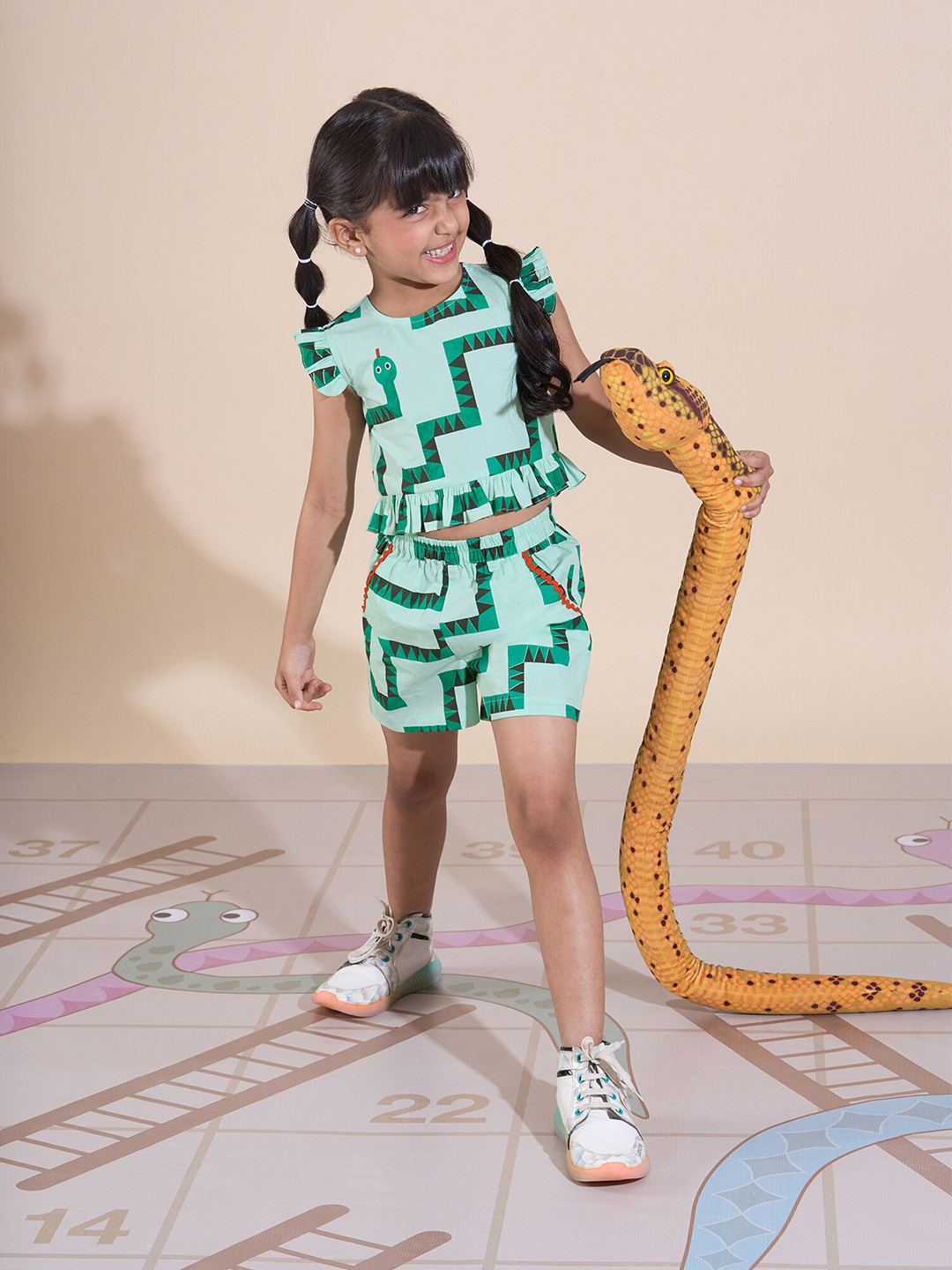 

LIL DRAMA Girls Printed Pure Cotton Top with Shorts, Green