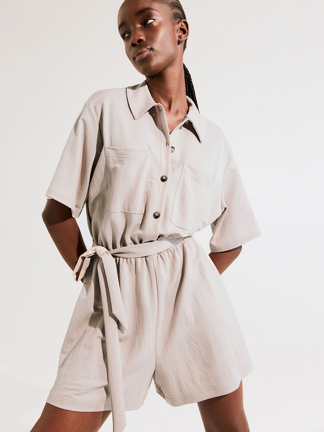 

H&M Textured Jersey Playsuit, Beige