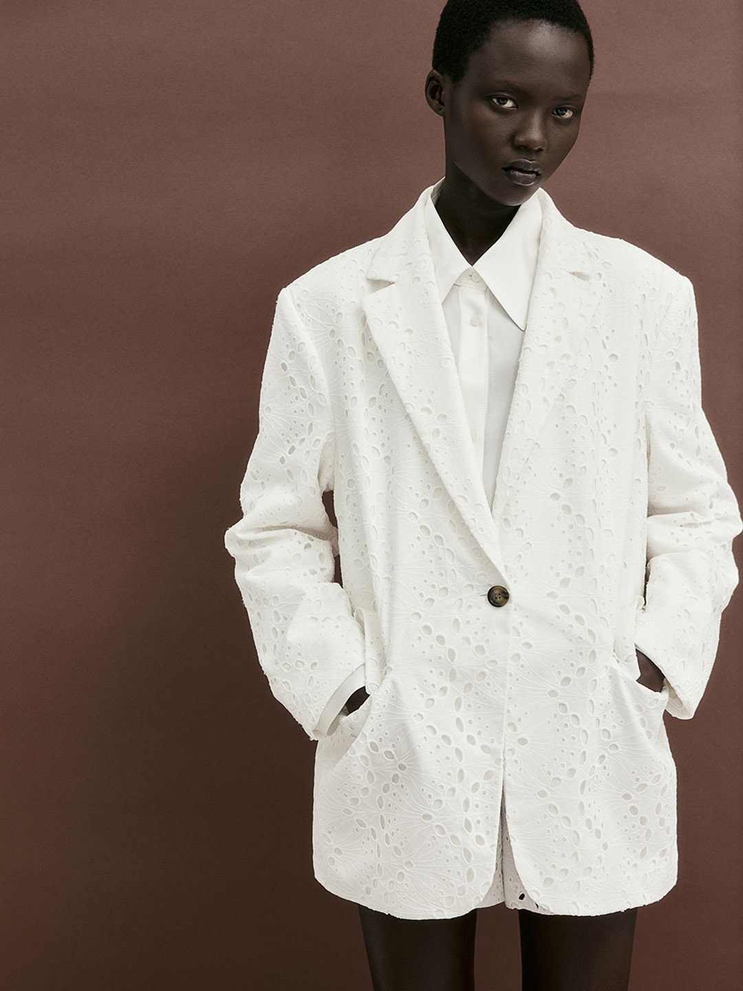 

H&M Cotton Oversized Broderie Anglaise Blazer, White