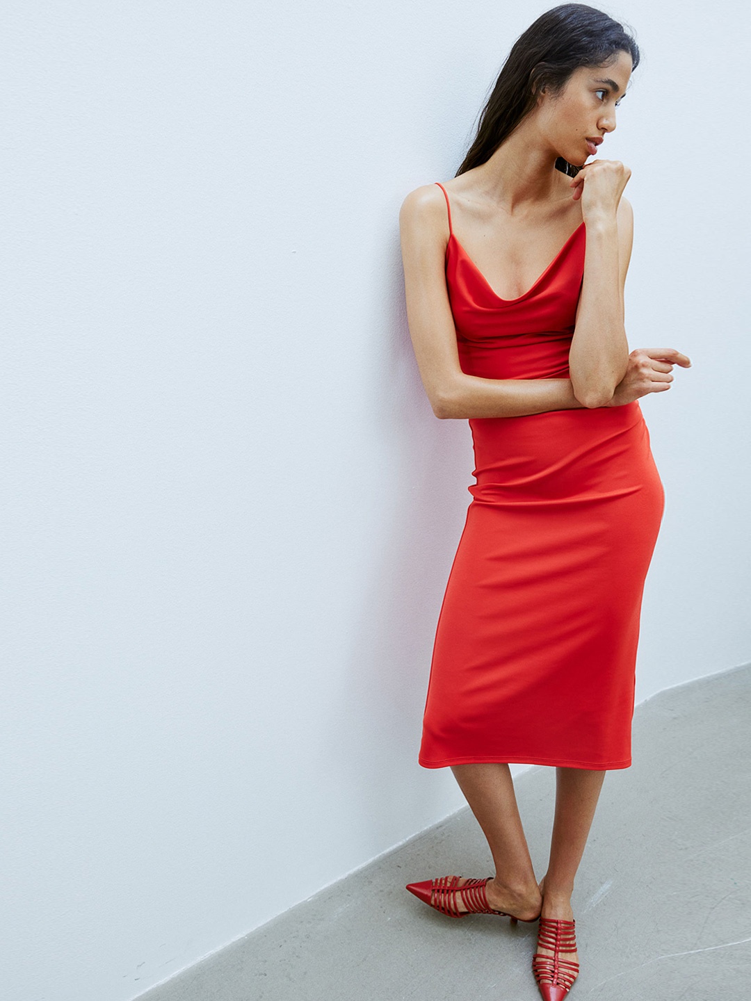 

H&M Draped Cowl-Neck Dress, Red