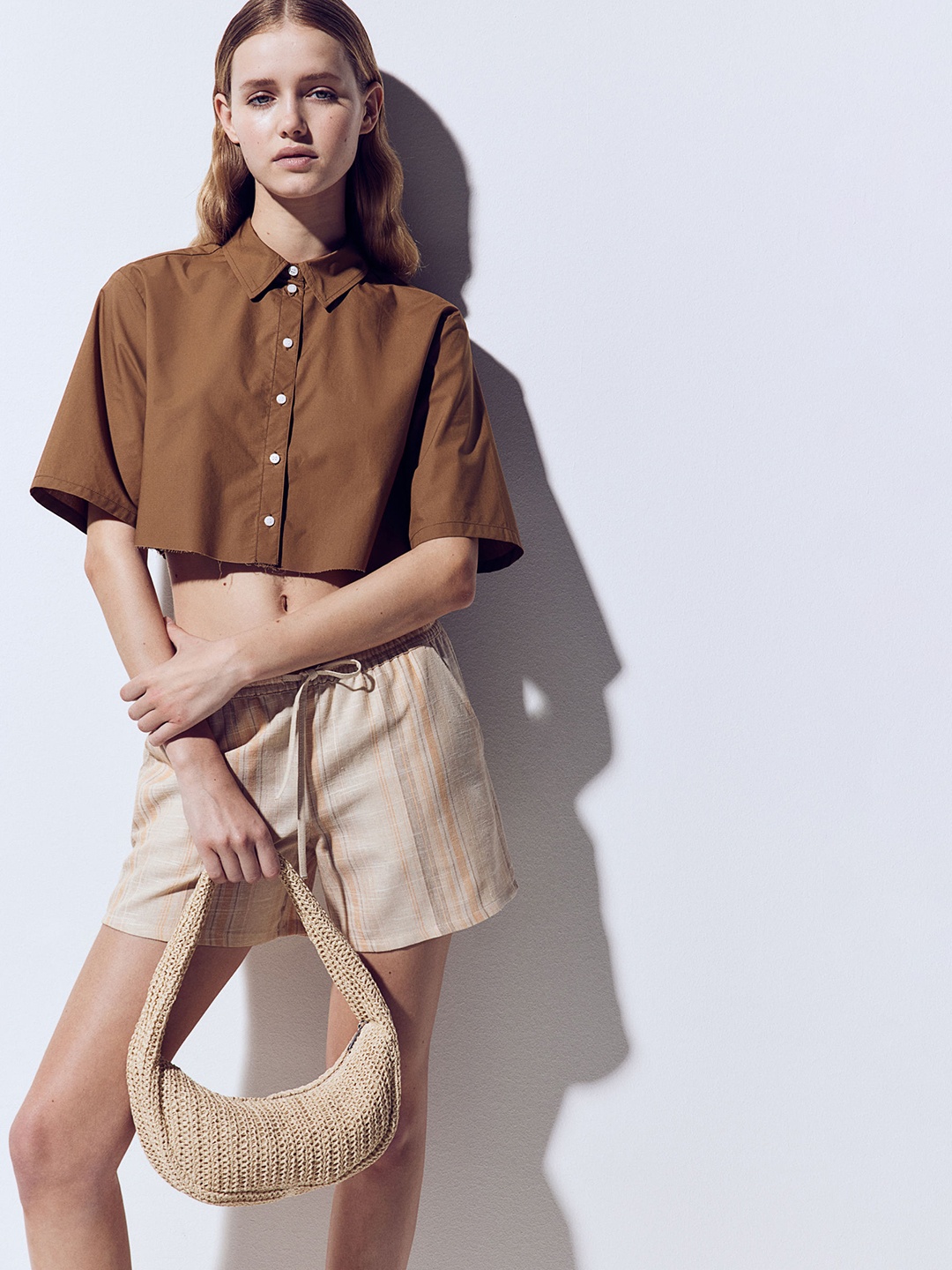 

H&M Cropped Cotton Shirt, Brown