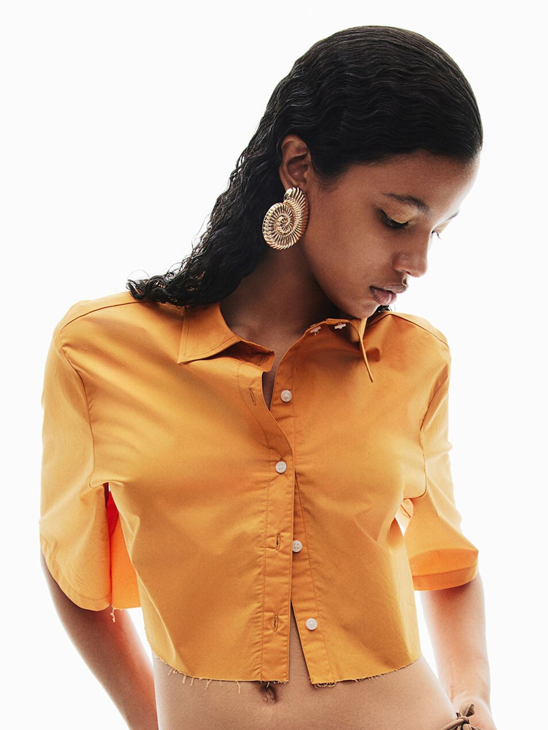 

H&M Cropped Cotton Shirt, Orange