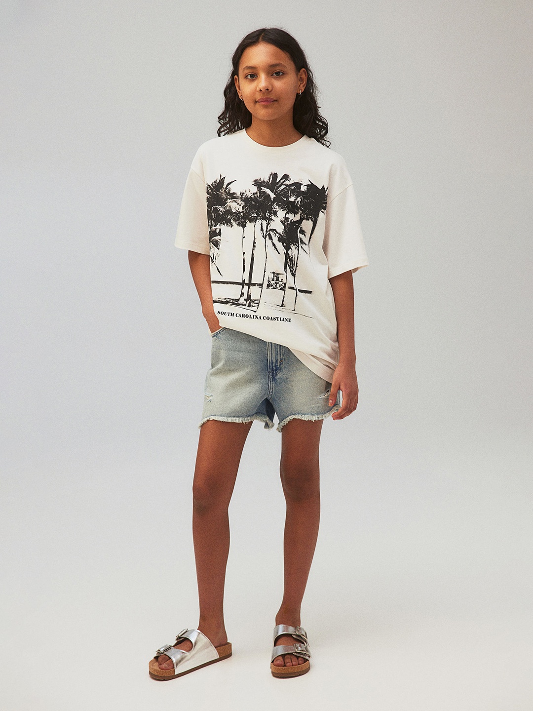 

H&M Girls Pure Cotton Oversized Printed T-Shirt, Off white