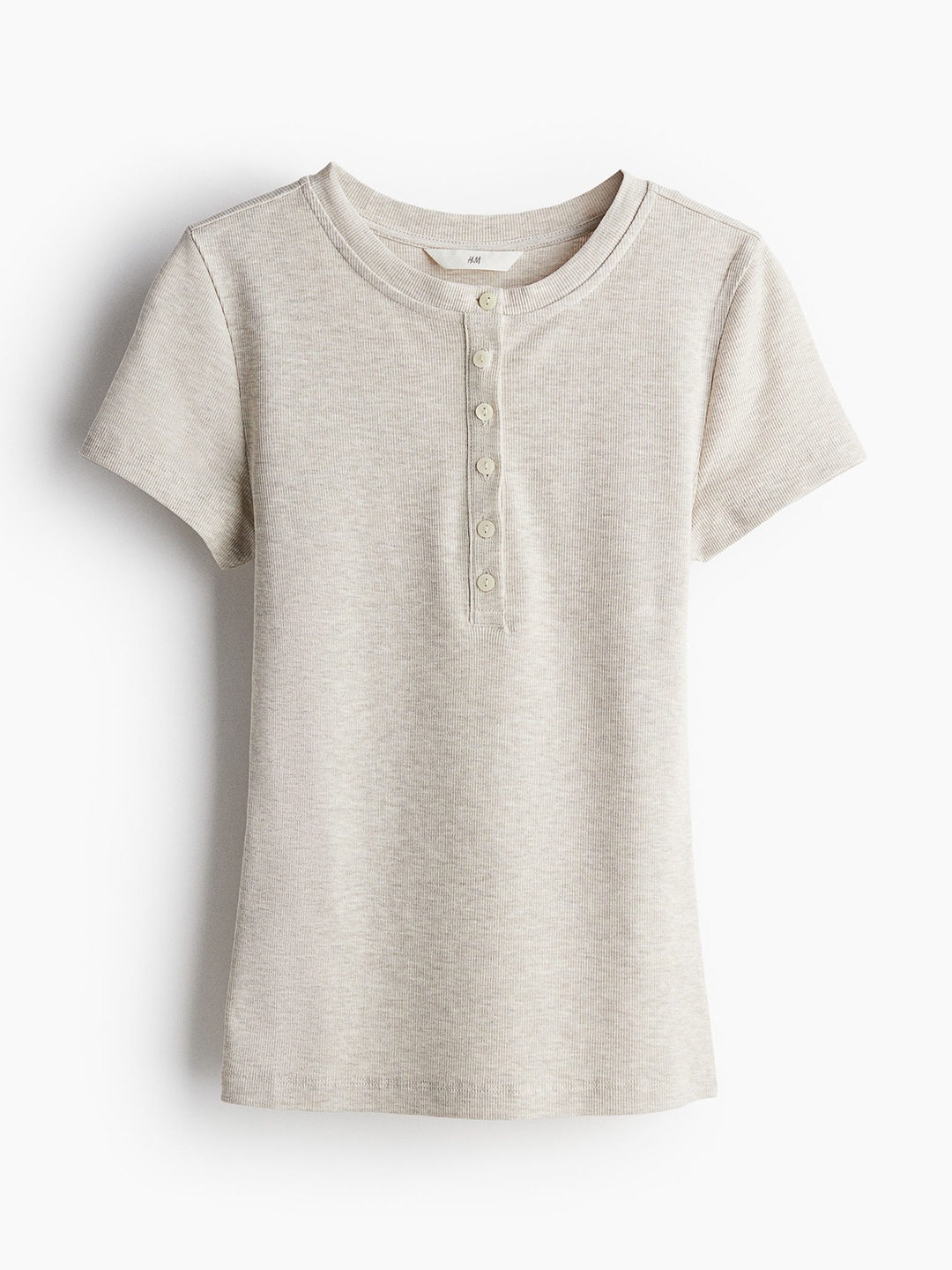 

H&M Women Ribbed Henley T-Shirt, Beige
