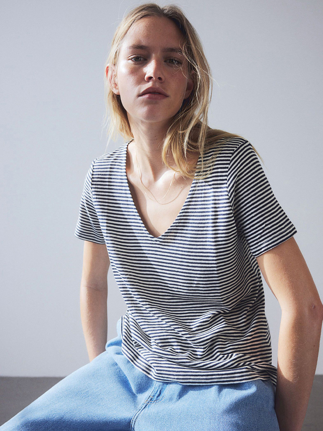 

H&M Linen-Blend T-shirt, Navy blue