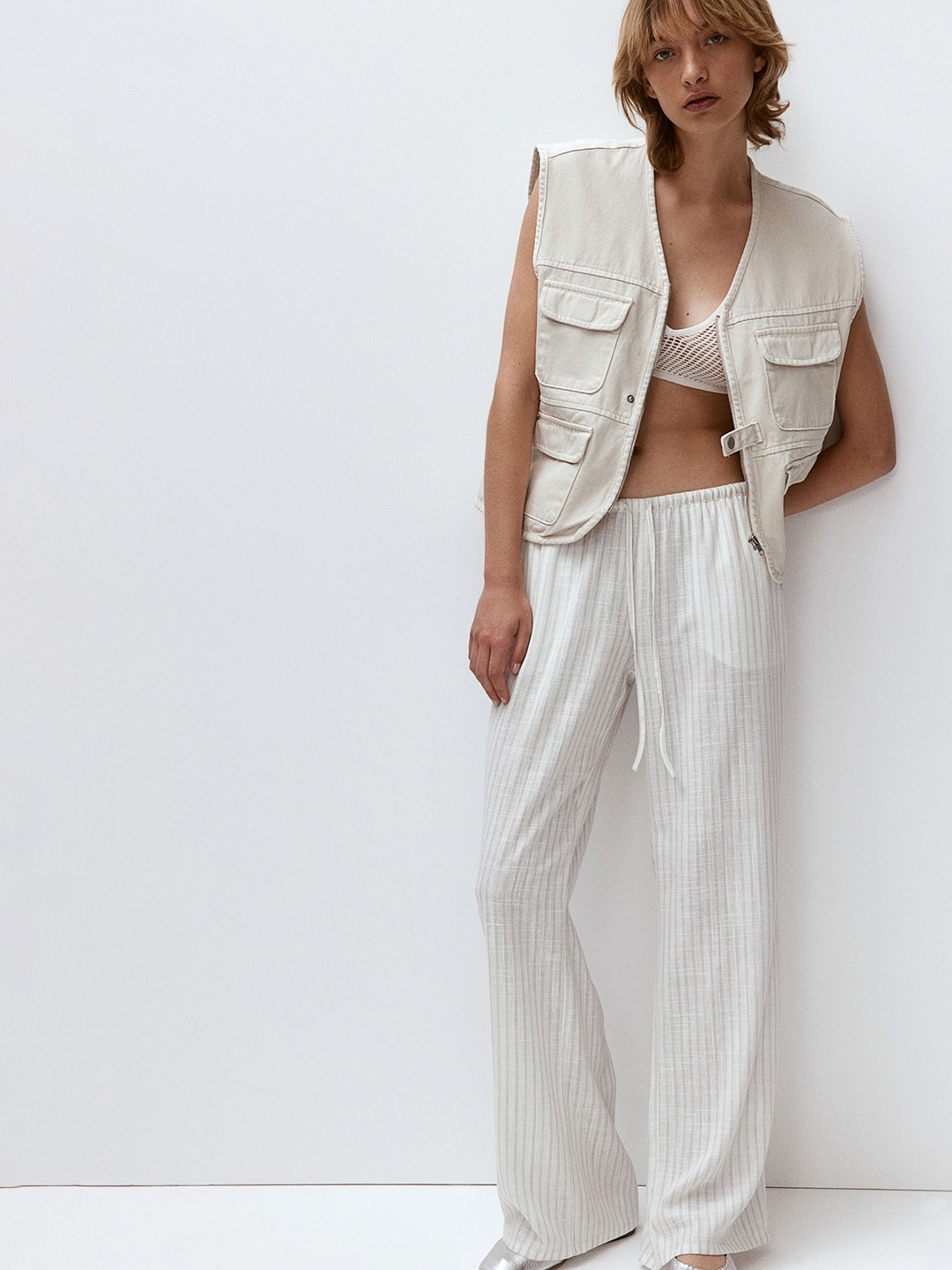 

H&M Women Linen-Blend Pull-On Trousers, White