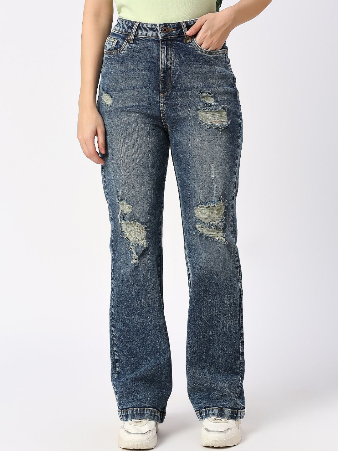 

Being Human Women Relaxed Fit High-Rise Highly Distressed Heavy Fade Jeans, Blue
