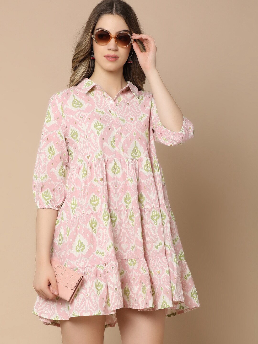 

V-Mart Floral Printed Shirt Collar Gathered Cotton A-Line Dress, Pink