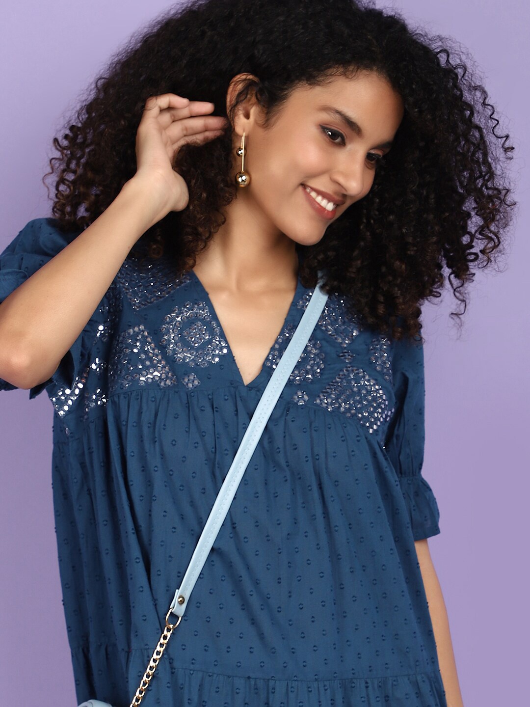 

V-Mart Self Design Gathered Cotton A-Line Dress, Blue