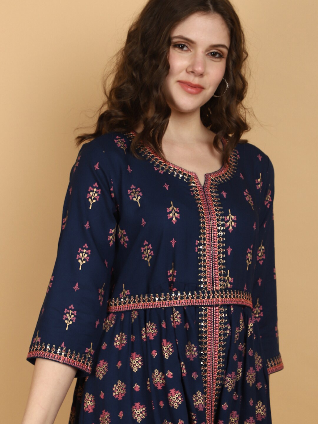 

V-Mart Floral Print Round Neck A-Line Midi Dress, Blue