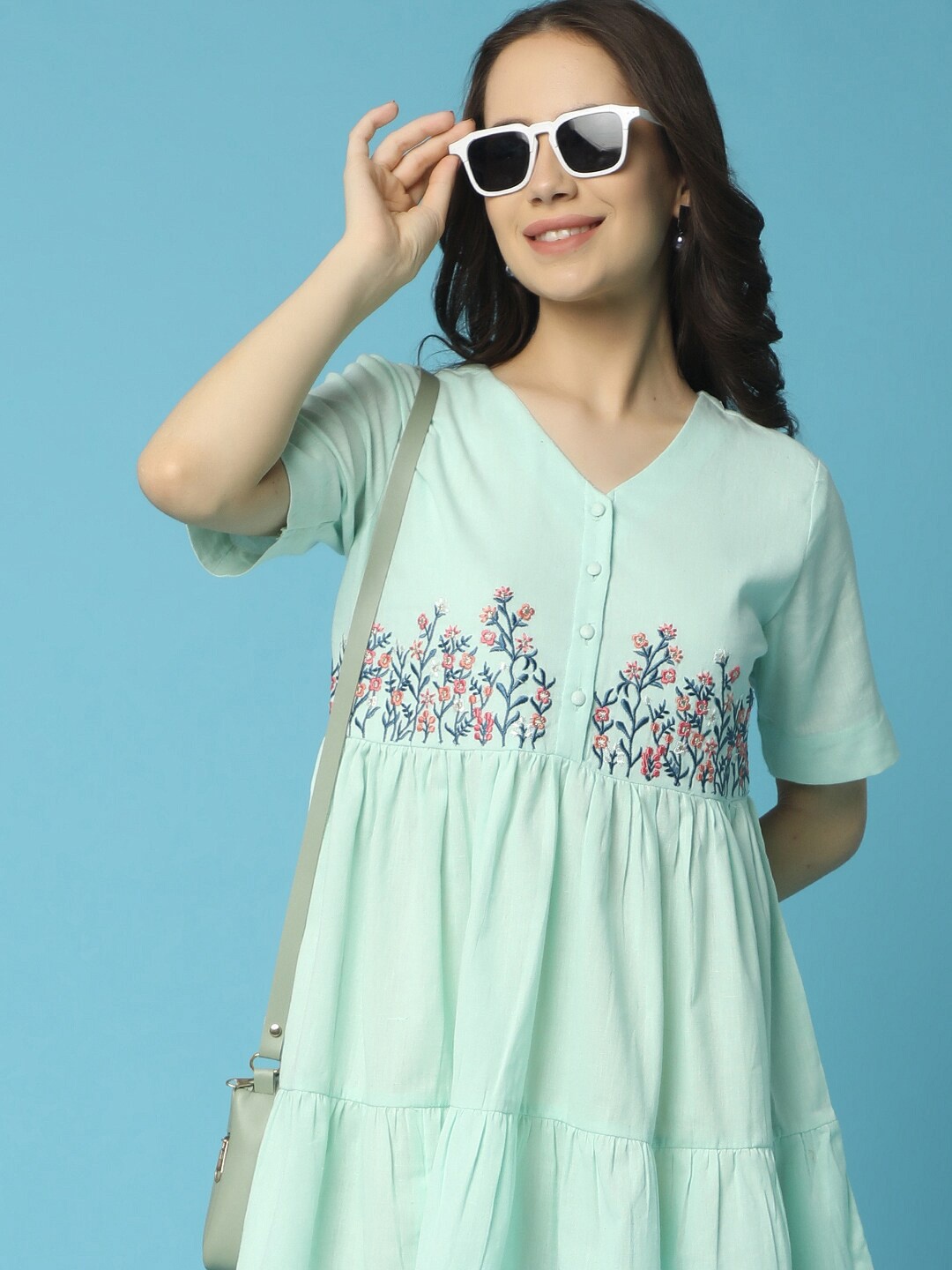 

V-Mart Floral Embroidered V-Neck Cotton A-Line Dress, Green
