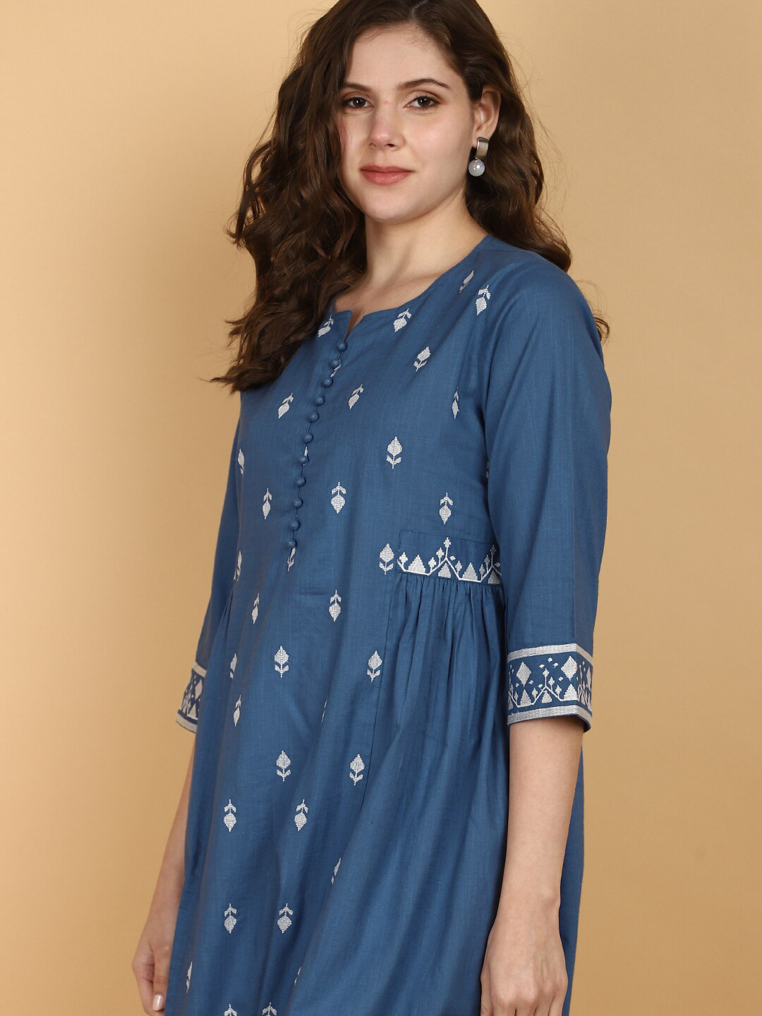 

V-Mart Floral Embroidered V-Neck Cotton A-Line Dress, Blue
