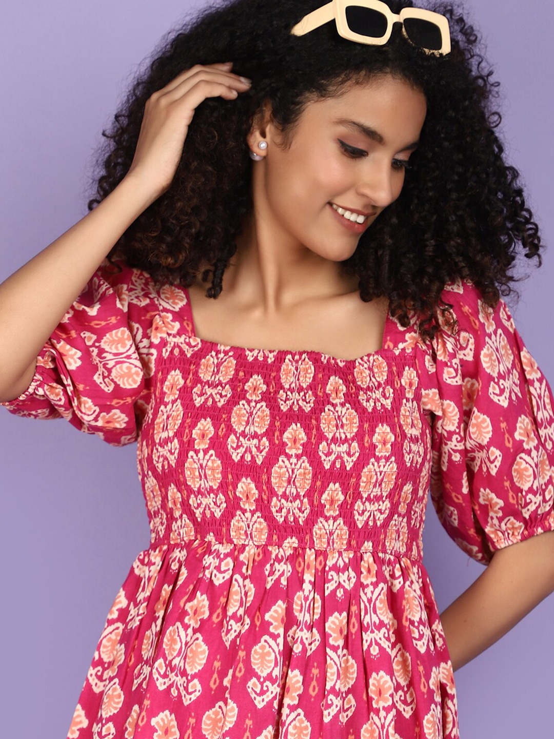 

V-Mart Ethnic Motifs Printed Puff Sleeves Smocked Cotton Fit & Flare Dress, Pink