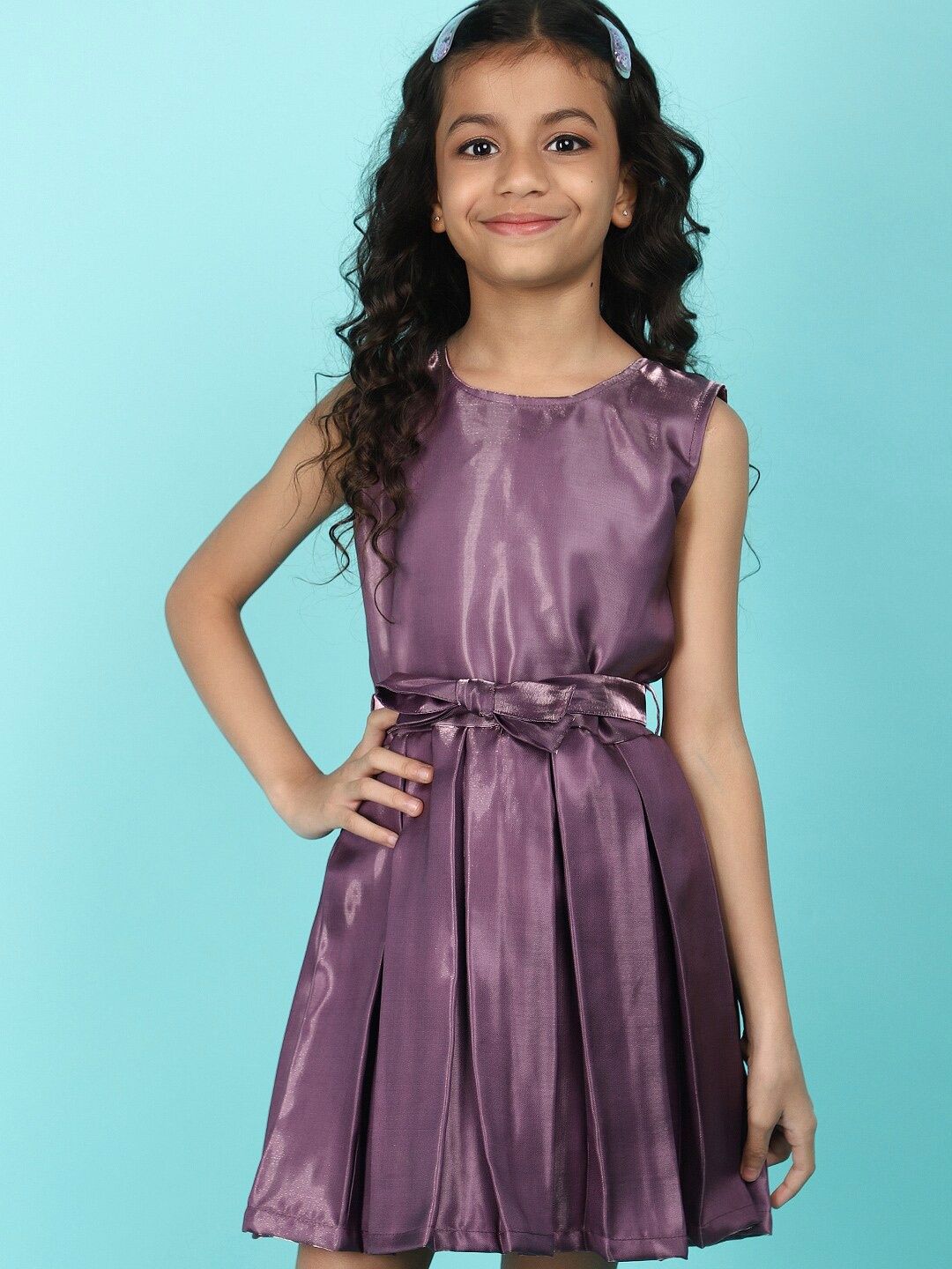 

V-Mart Girls Round Neck Fit & Flare Satin Dress, Purple
