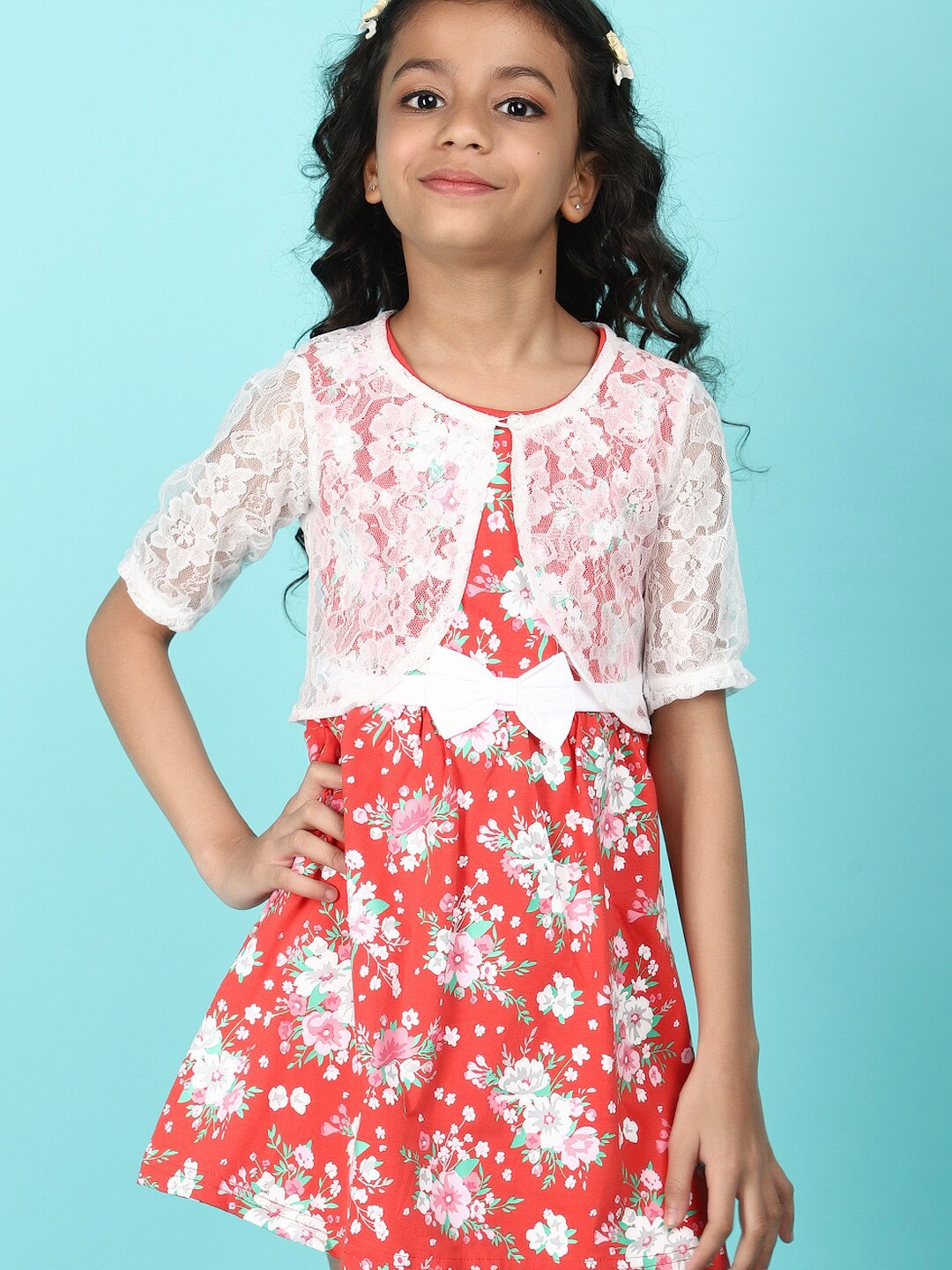 

V-Mart Girls Floral Printed Cotton Fit & Flare Dress, Orange
