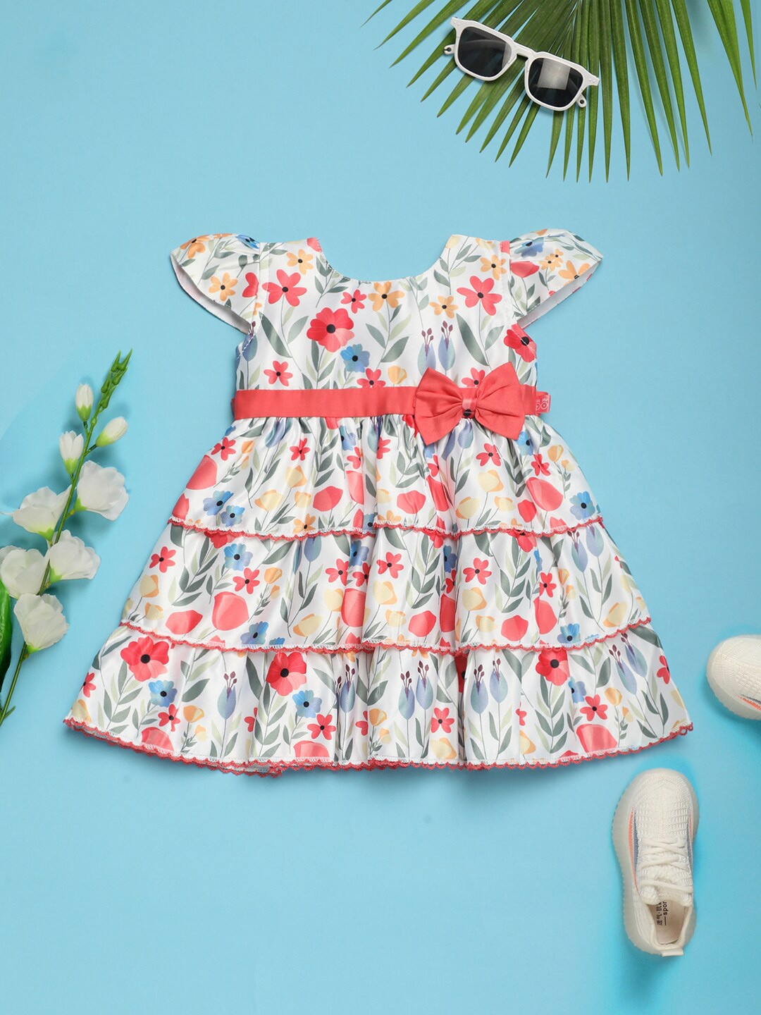 

V-Mart Girls Floral Printed Gathered Cotton Fit & Flare Dress, White