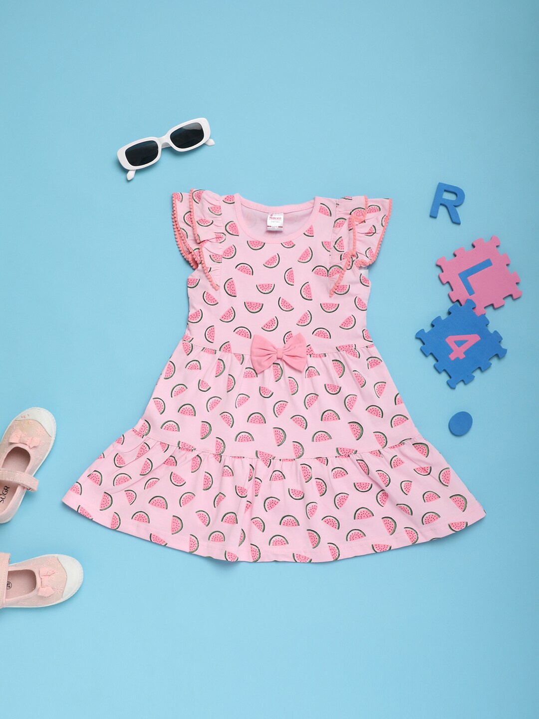

V-Mart Girls Conversational Printed Cotton A-Line Dress, Pink
