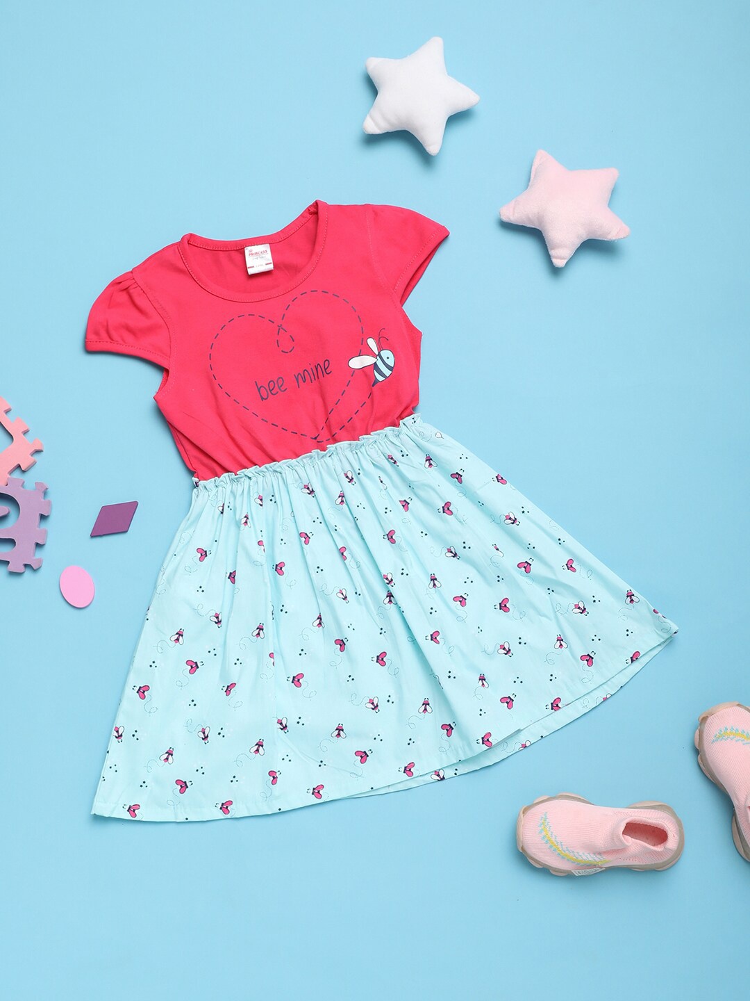 

V-Mart Print Short Sleeves Round Neck Cotton Fit & Flare Dress, Fuchsia