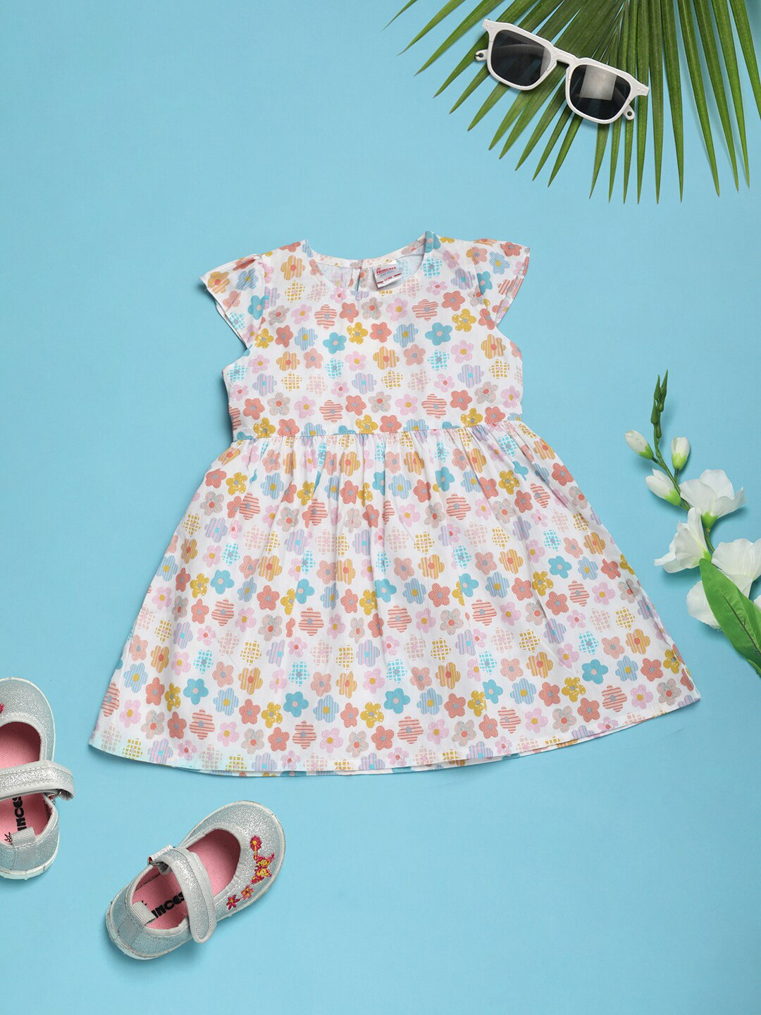 

V-Mart Girls Floral Printed Cotton Fit & Flare Dress, White